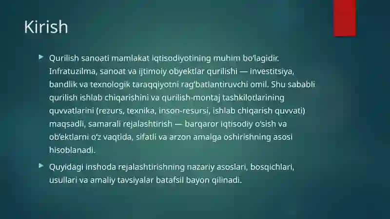Qurilish ishlab chiqarishini va qurilish-montaj tashkilotlarining quvvatlarini rivojlantirishni rejalashtirish 2
