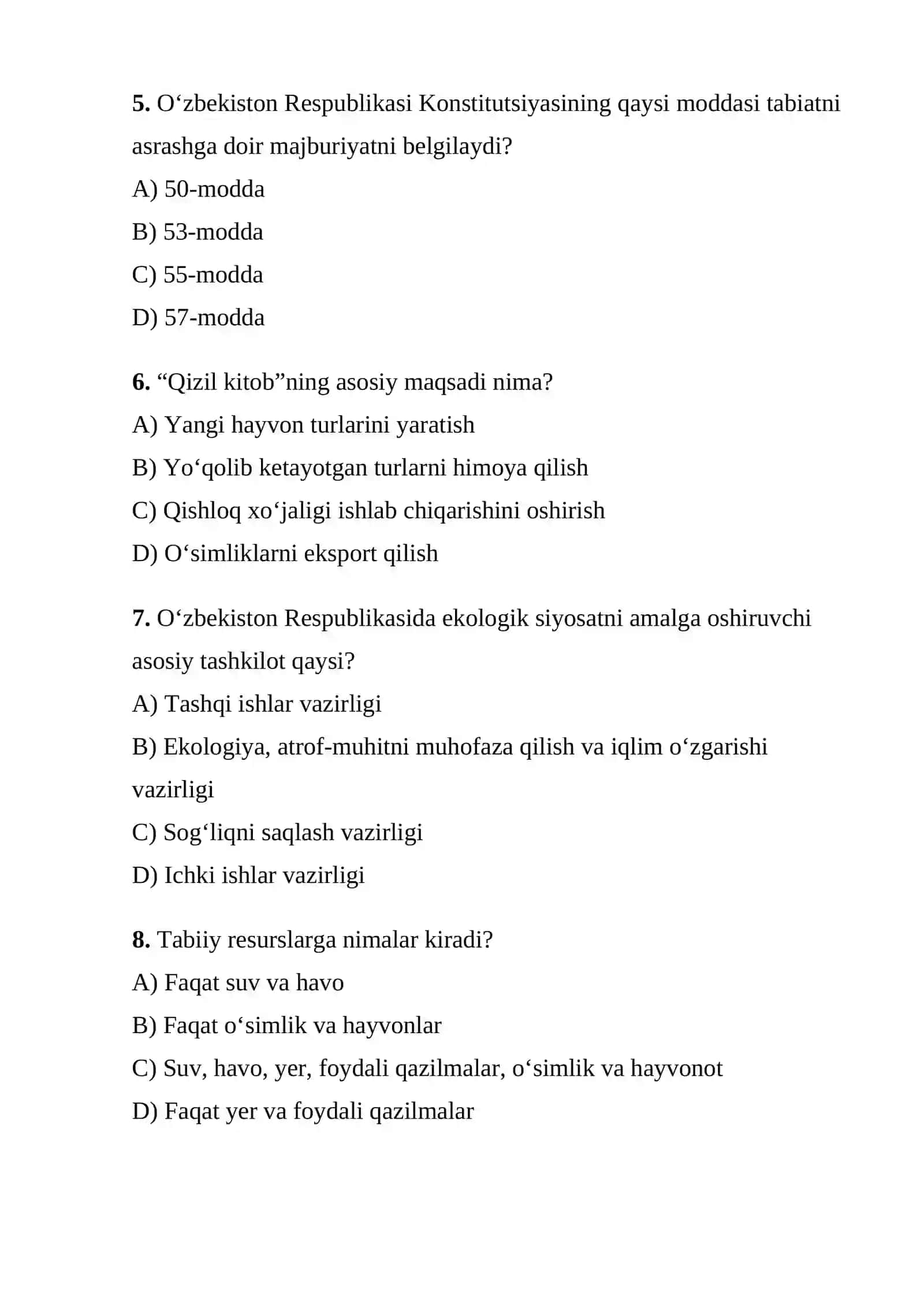 Ekologiya test savollari 2