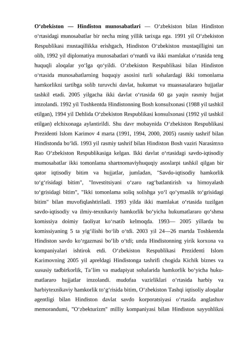 O'zbekiston Hindiston Munosabatlari 2