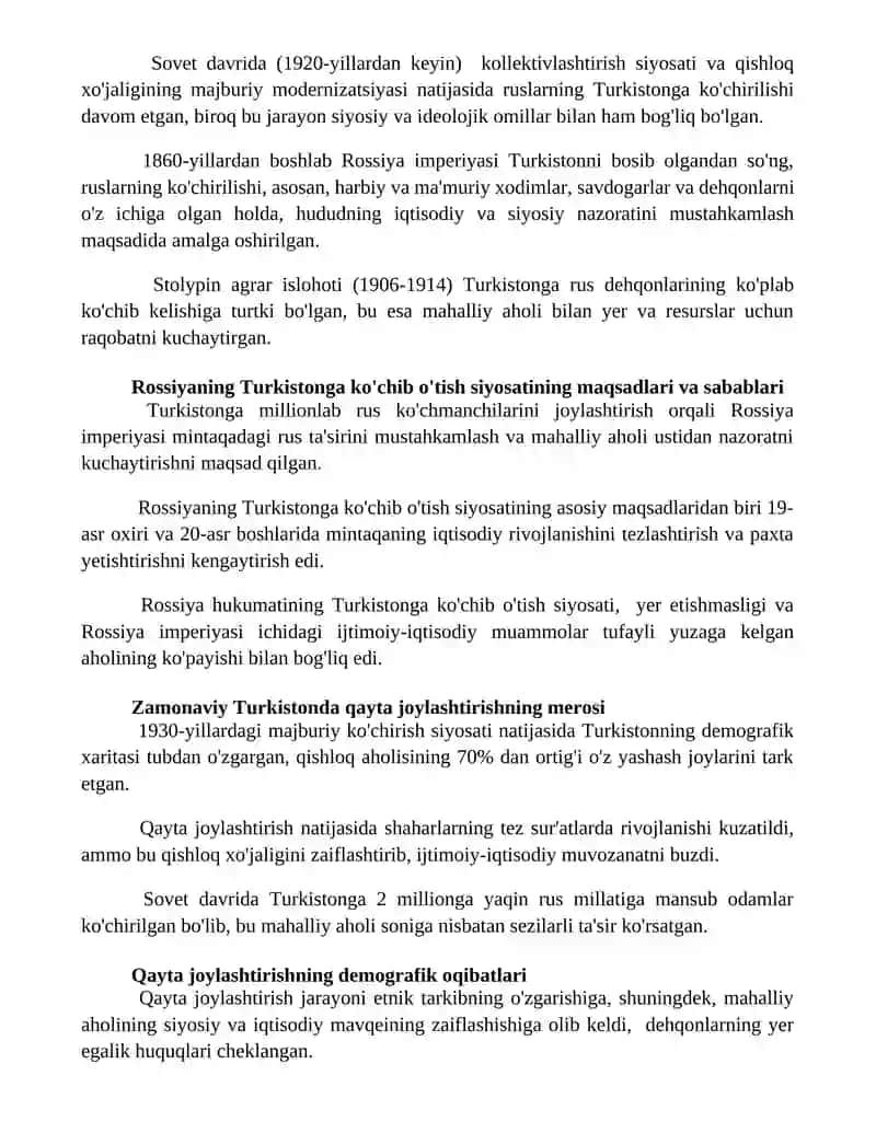 Rossiya imperiyasining Turkistondagi kochirish siyosati 2
