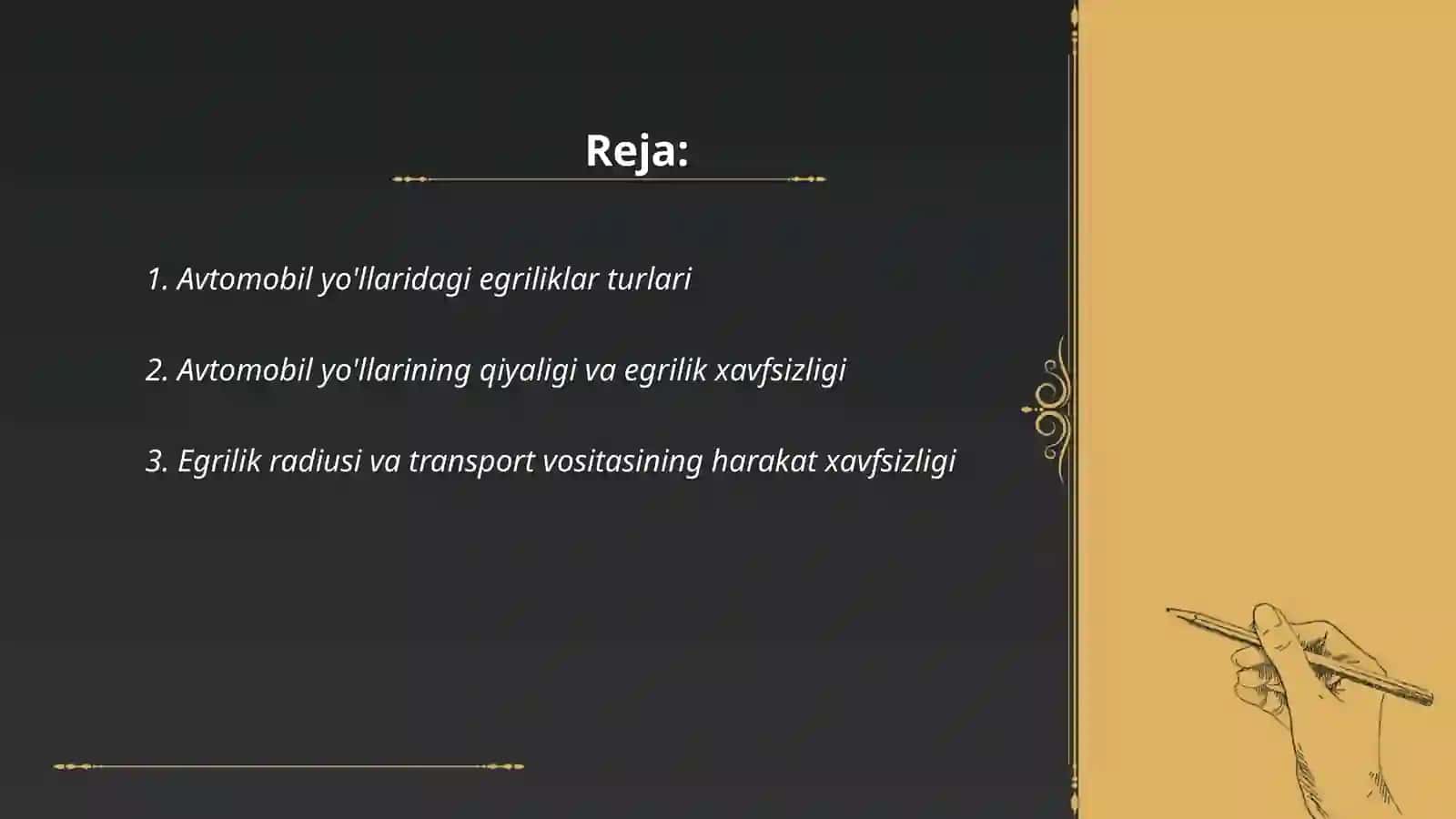 Avtomobil yo'llarini egriliklariga harakat xavfsizligi bo'yicha qo'yilgan me'yoriy talablarni o'rganish 2