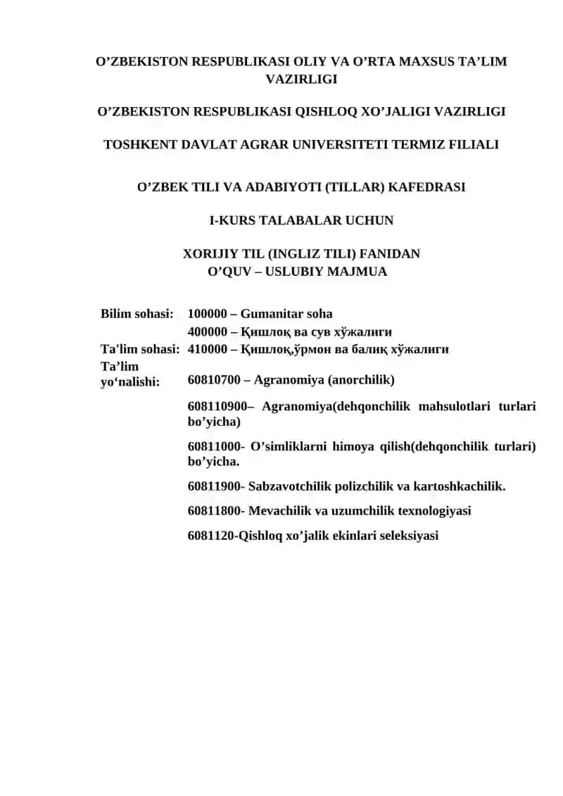 XORIJIY TIL (INGLIZ TILI) FANIDAN O’QUV – USLUBIY MAJMUA 2
