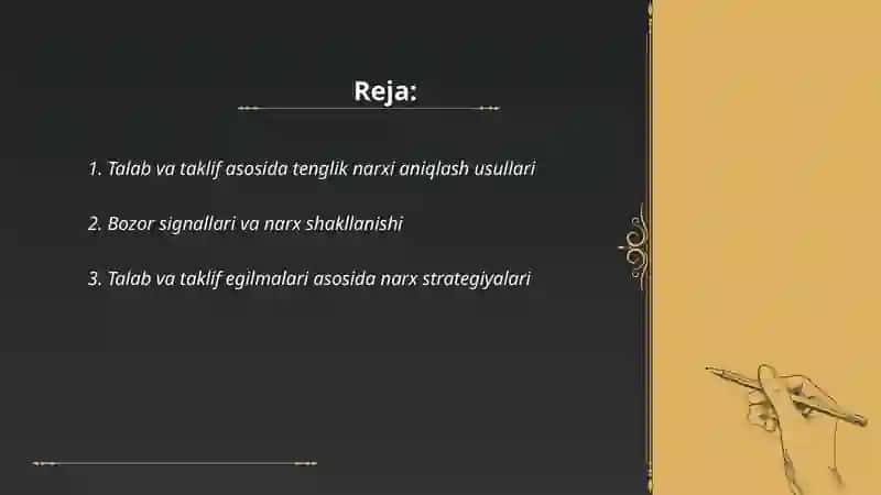 Talab va taklif qonuniga ko’ra narx belgilash usullari 2