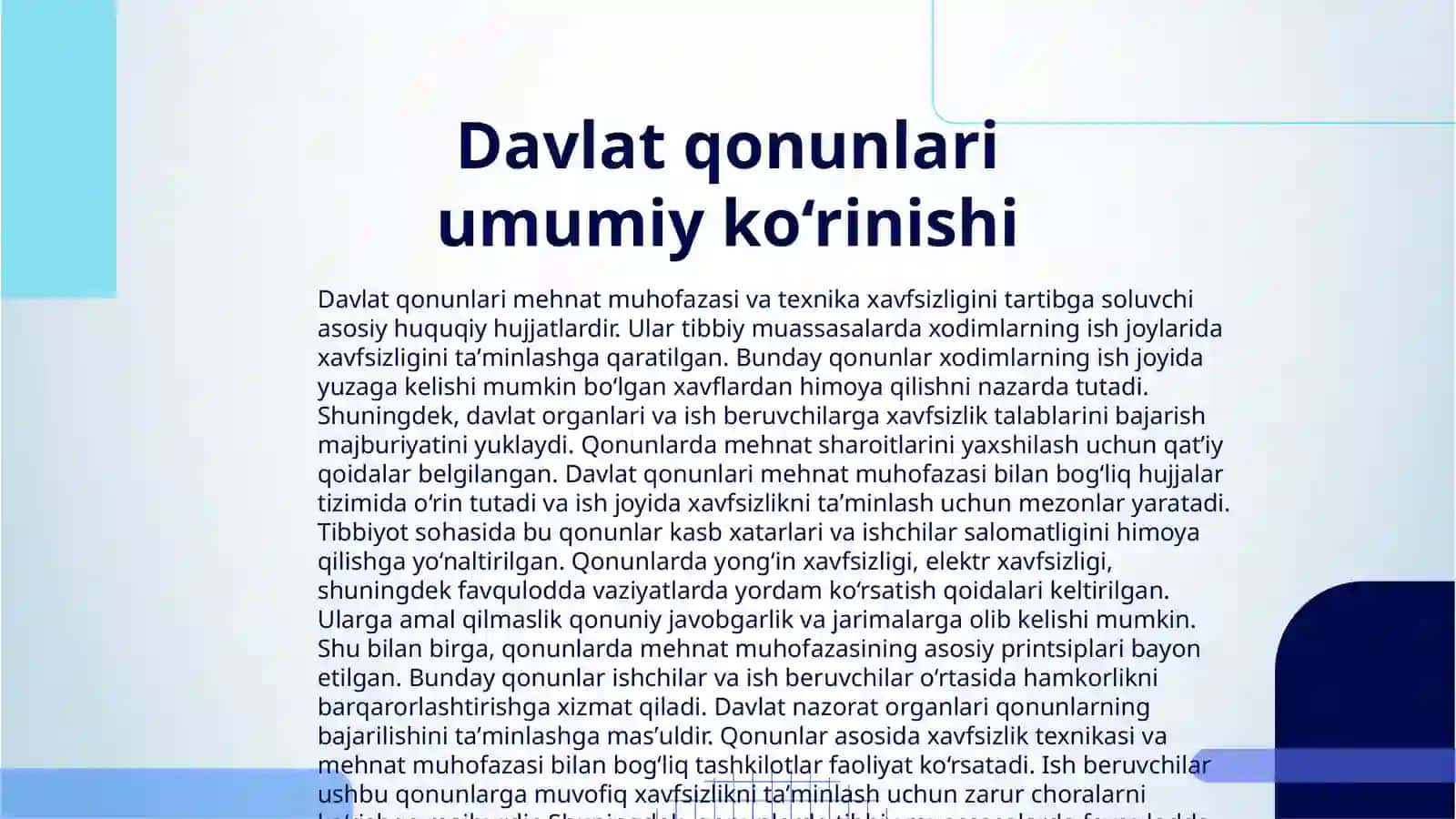 TIBBIY MUASSASALARDA MEHNAT MUHOFAZASI VA TEXNIKA XAVFSIZLIGI BOʻYICHA DAVLAT QONUNLARI 3