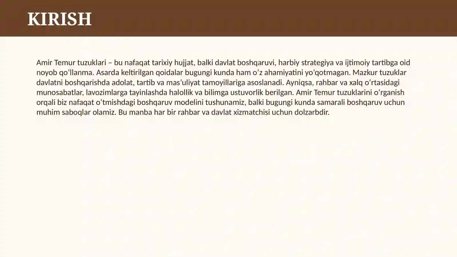 AMIR TEMUR TUZUKLARI. DAVLAT BOSHAQRUVI HAQIDA MUHIM MANBA 3