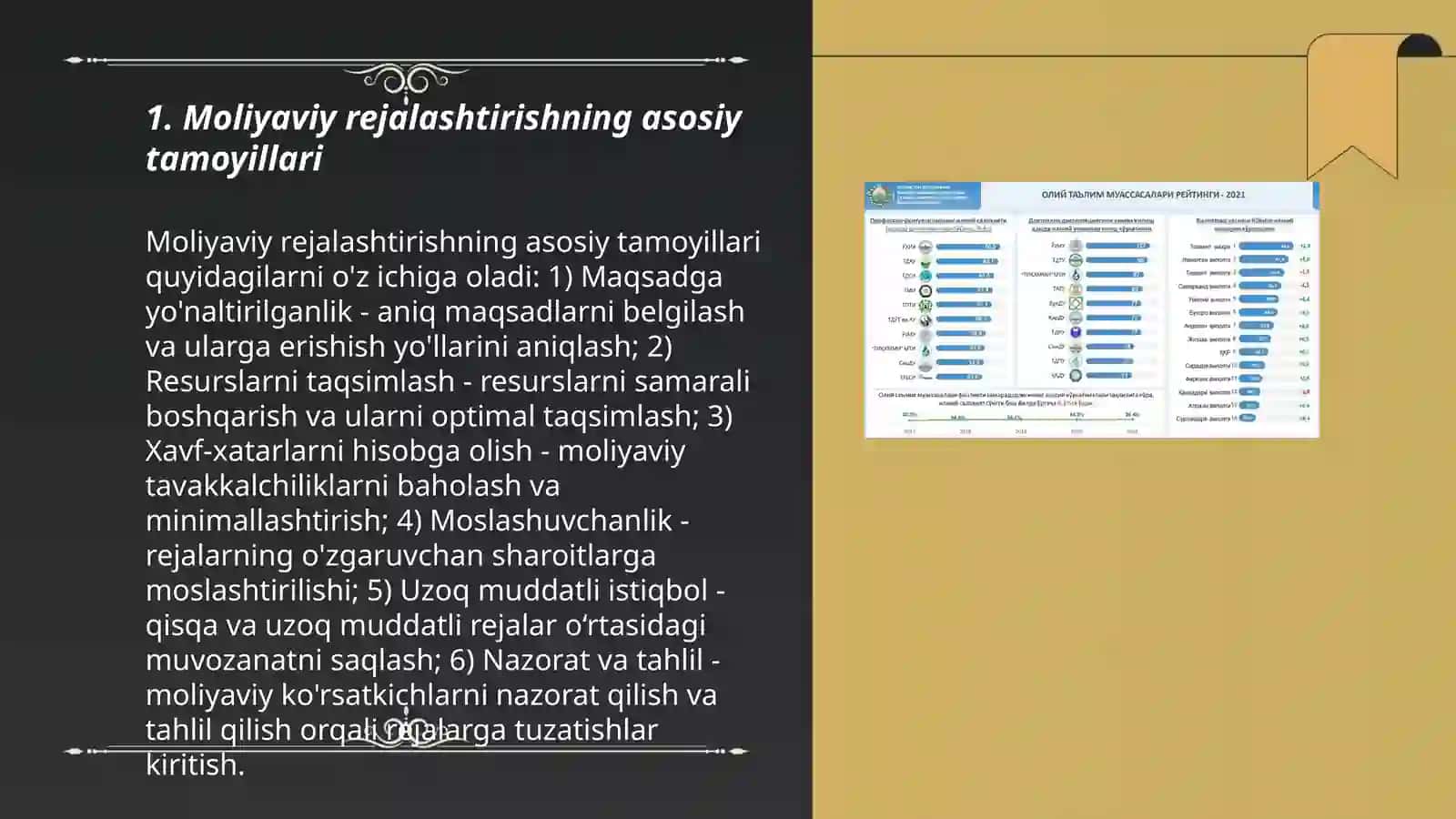 Moliya tizimi va moliyaviy boshqaruv, rejalashtirish va tartibga solish. Moliyaviy nazorat 3