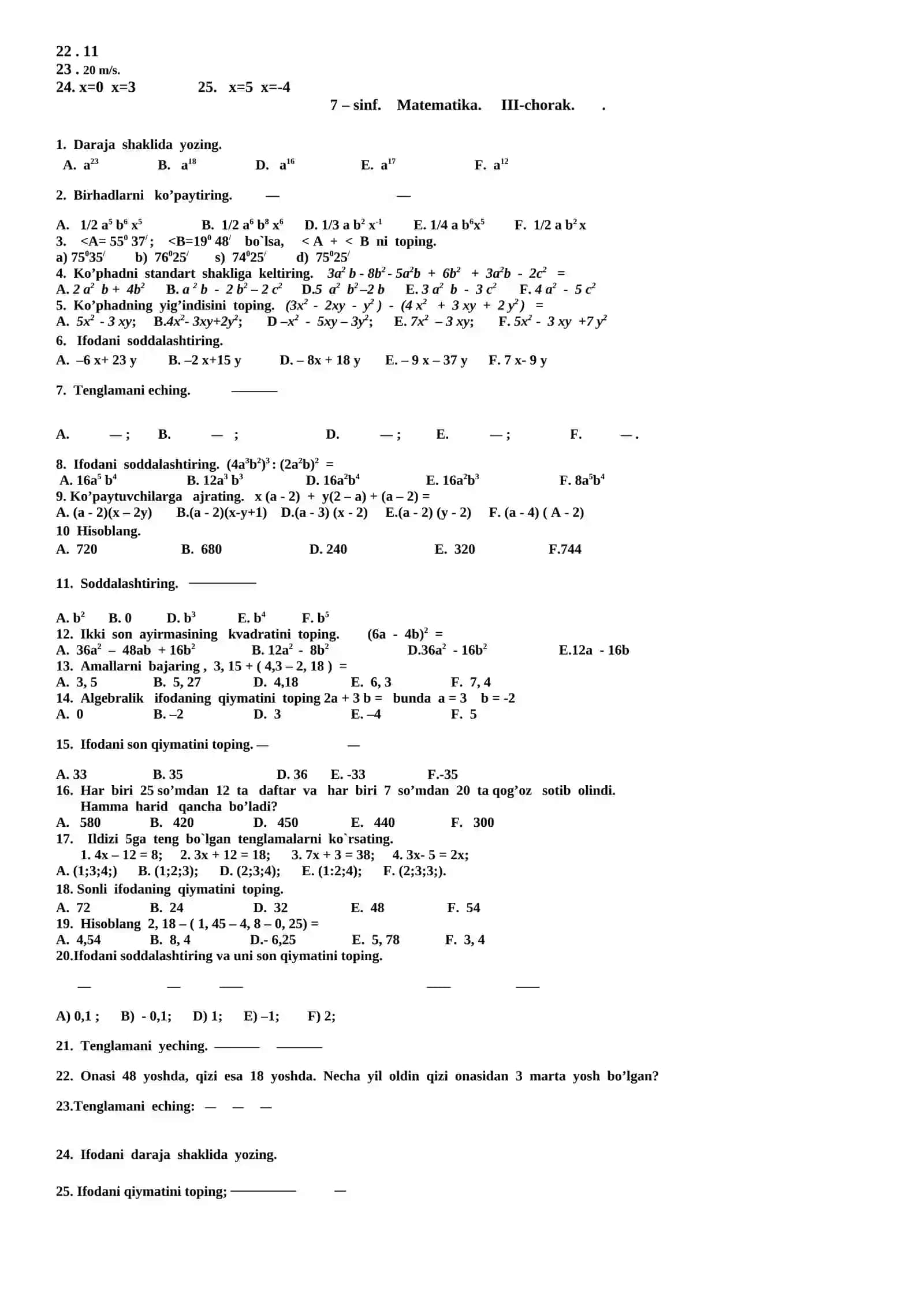 Matematika sinovi 7-sinf 3