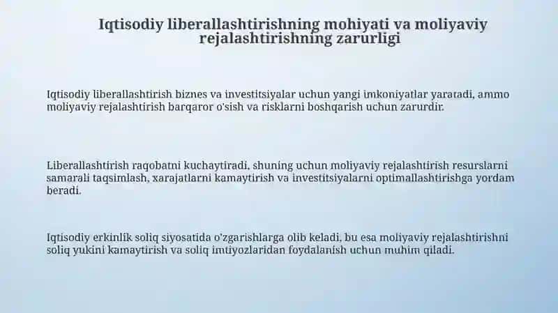 Iqtisodiy liberallashtirish sharoitida moliyaviy rejalash tirishning ahamiyati 3
