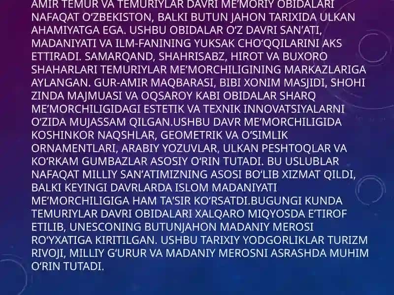 Amir Temur va Temuriylar davri memoriy obidalar 3
