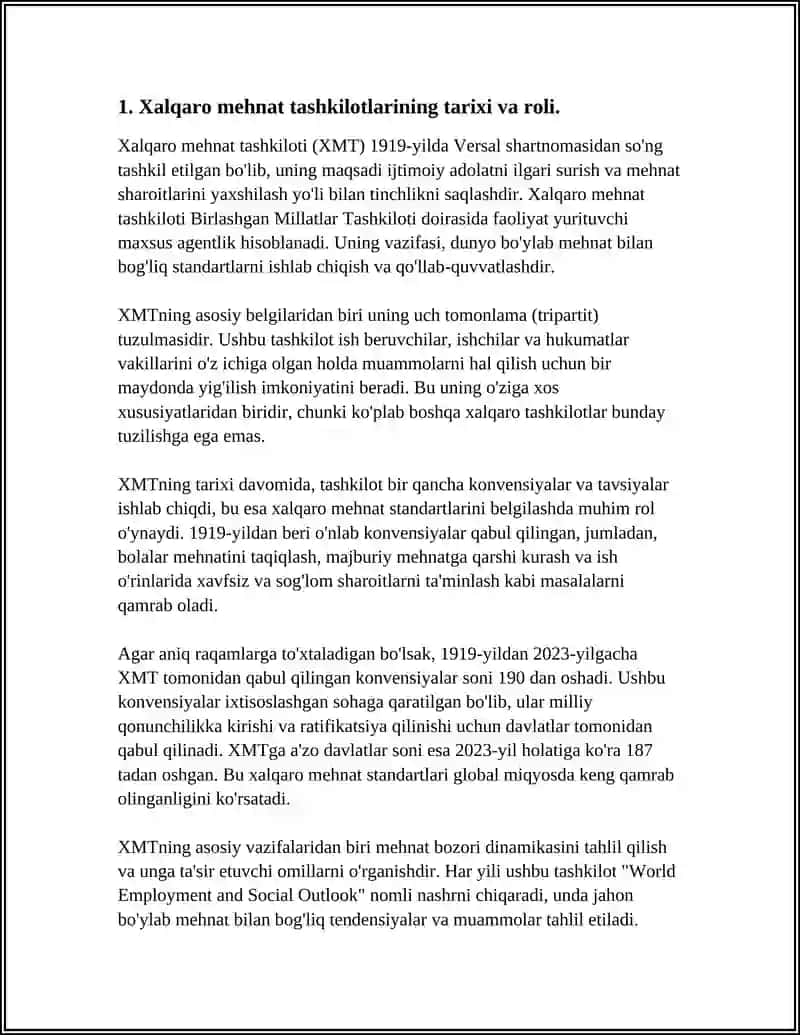 MUSTAQIL ISH Mavzu: MEHNATNI MUHOFAZA QILISH SOHASIDA XALQARO MEHNAT TASHKILOTLARI FAOLIYATI TAHLILI. 3