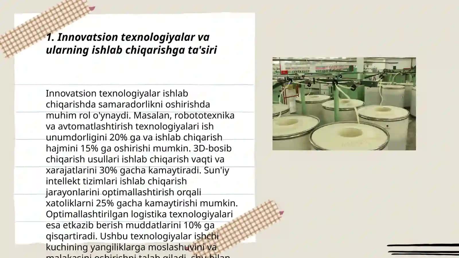 Ishlab chiqarishda fan-texnika taraqqiyotini jadallashtirish omillari va istiqboli. Zamonaviy texnologiyalar va yangi materiallar 3