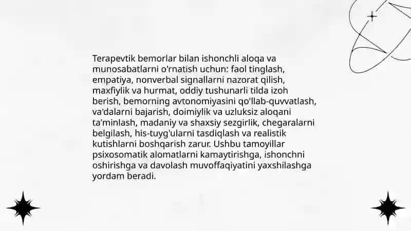 Terapeftik bemorlar bilan munosabatda bòlish psixalogiyasi va psixosomatik kasalliklar 3