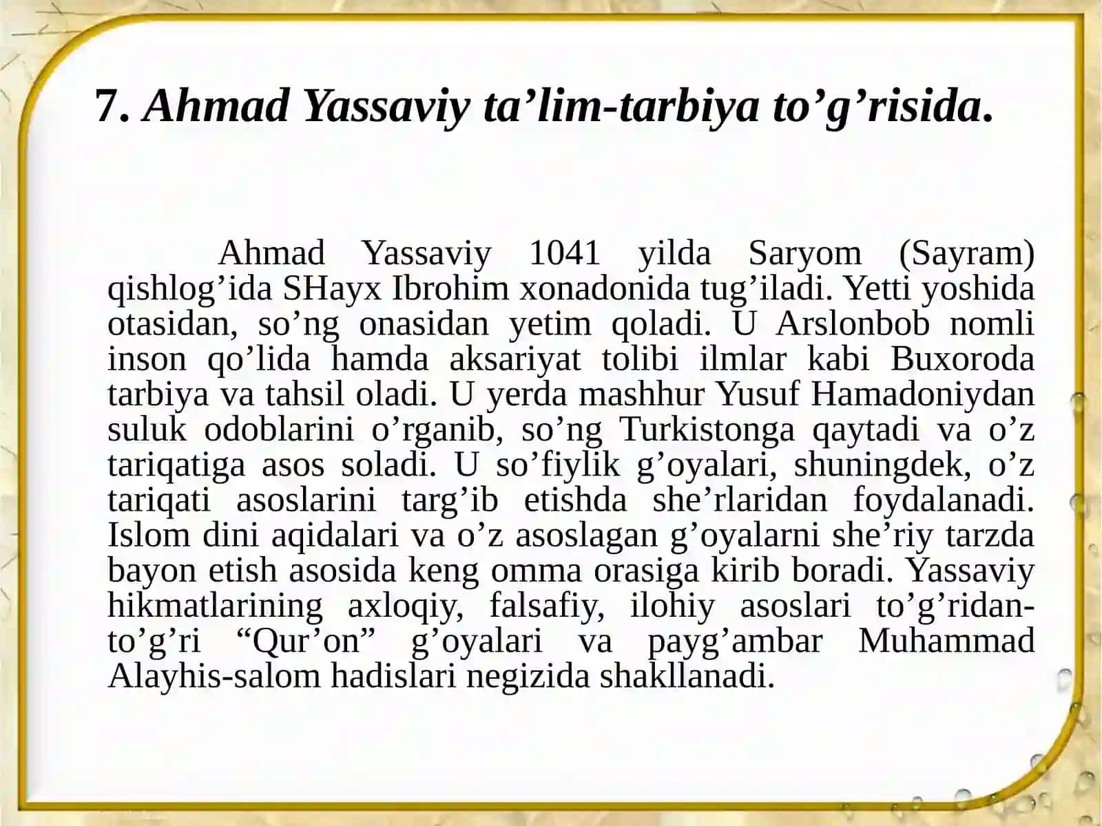 Ahmad Yassaviy ta’lim-tarbiya to’g’risida 3