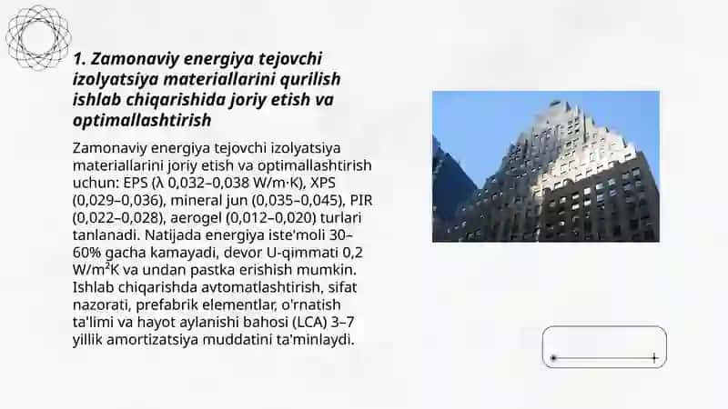 Zamonaviy energiya tejovchi izolyatsiya materiallarini qurilish ishlab chiqarishida joriy etish va optimallashtirish 3