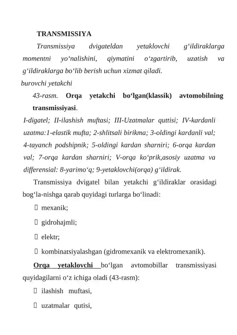 AVTOMOBILLARNING TRANSMISSIYASIGA TEXNIK XIZMAT KO’RSATISH VA TA’MIRLASH TEXNOLOGIYASI 3