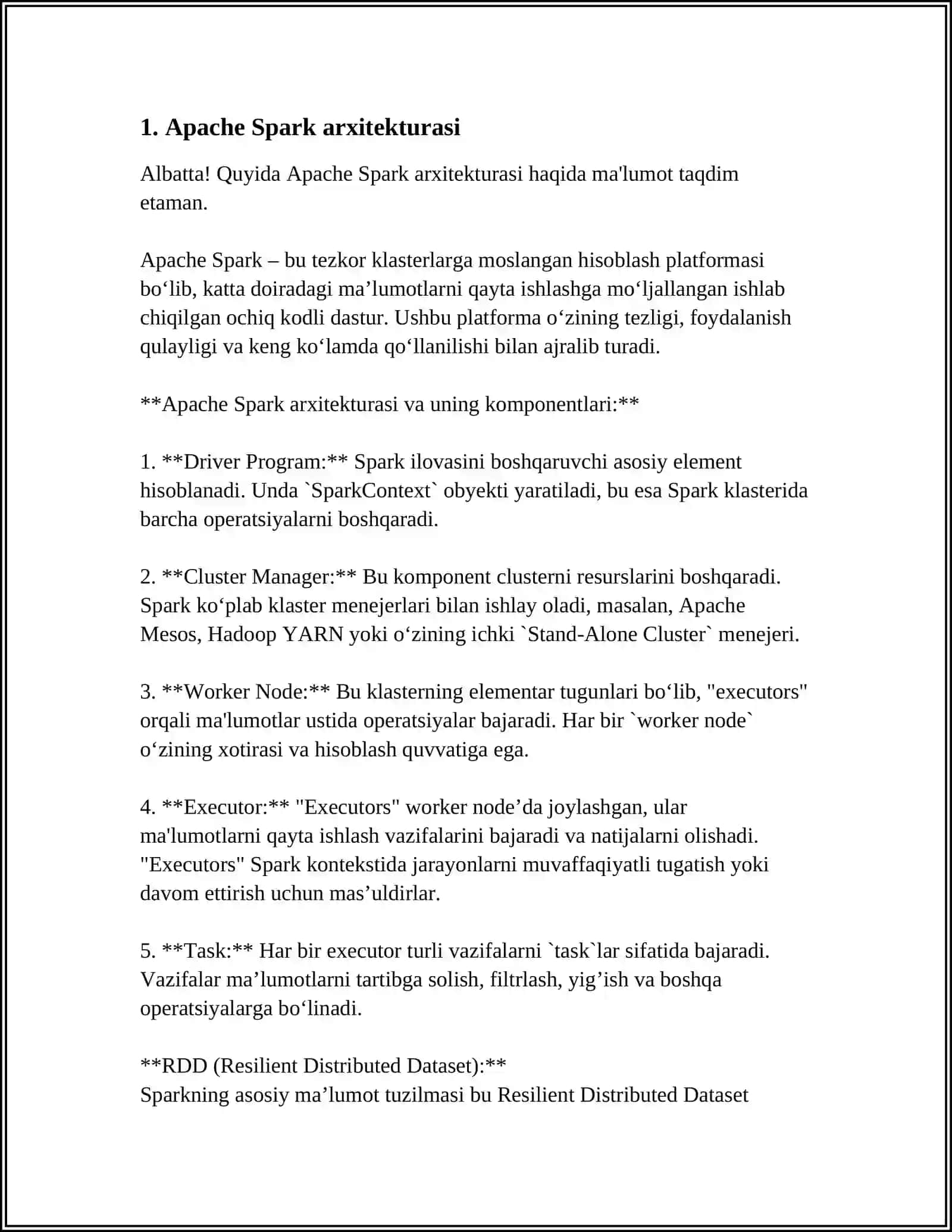 APACHE SPARK KEYINGI AVLOD BIG DATA FRAMEWORK MAVZUSIDA MUSTAQIL ISH 3