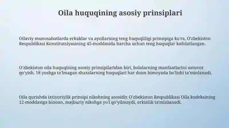 Oilani huquqiy asoslari. Ota onalar va farzandlarning huquqiy burchlari 3