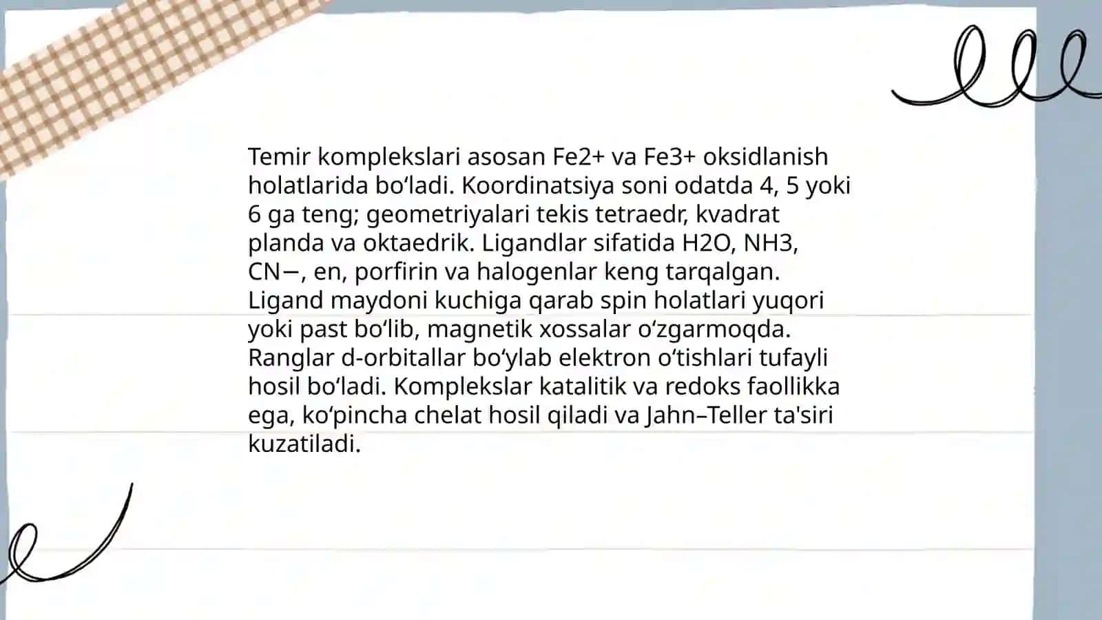 Temir, Kobalt, Nikellarning kompleks birikmalari 3