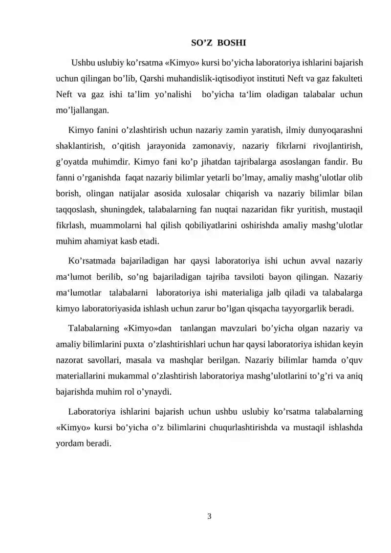 Umumiy кimyo kafedrasi KIMYO FANIDAN LABORATORIYA MASHG’ULOTLARI 3