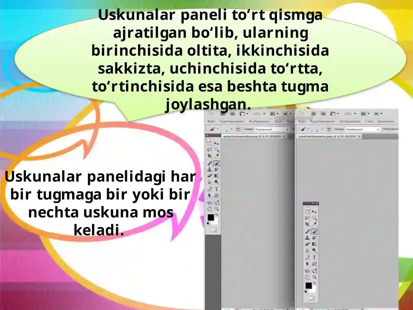 Photoshopning uskunalar paneli va palitralari 3