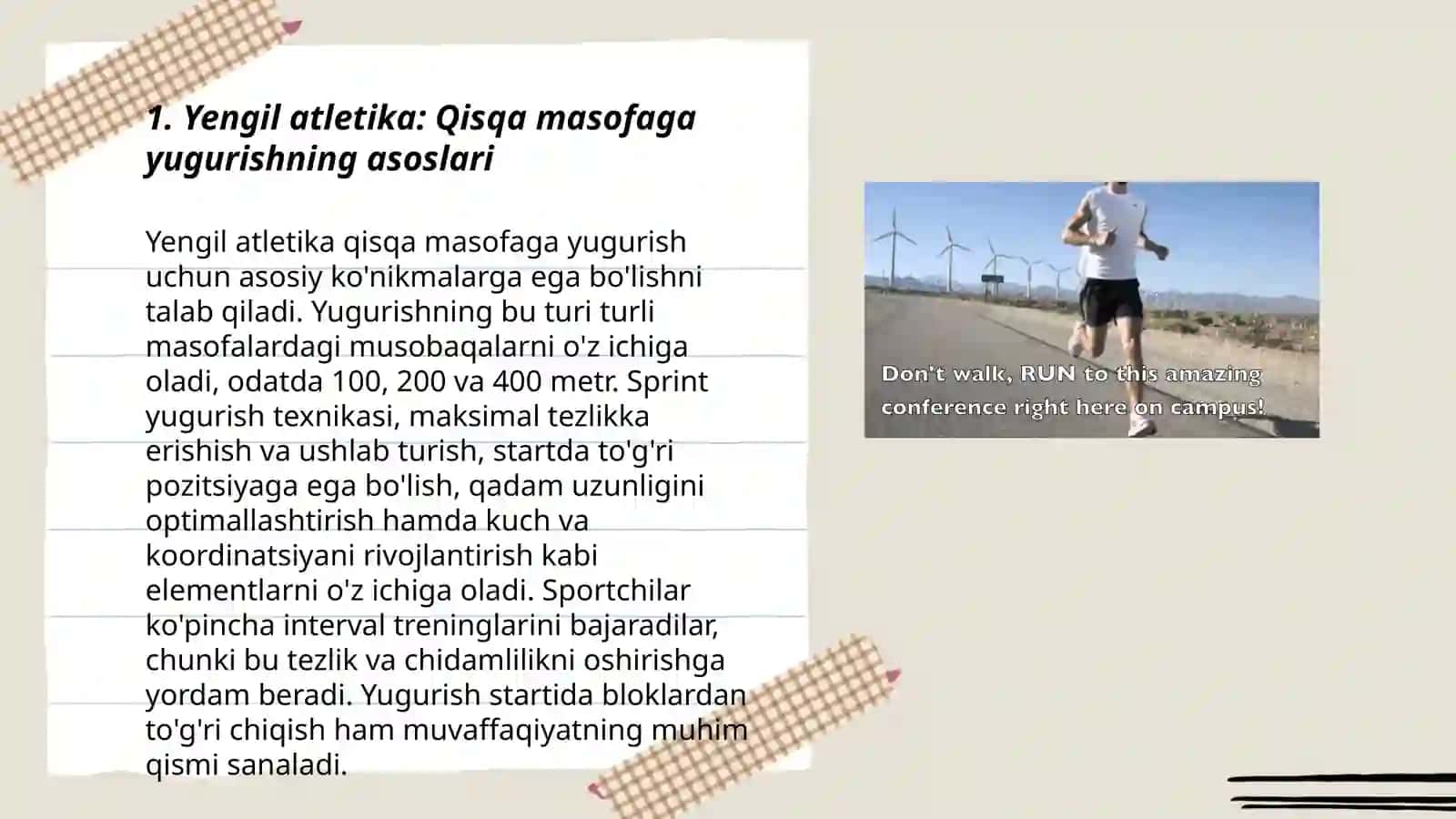 Yengil atletika: Qisqa masofaga yugurish texnikasini o'rgatish 3
