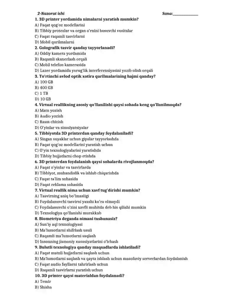 11-sinf informatika test yillik 3
