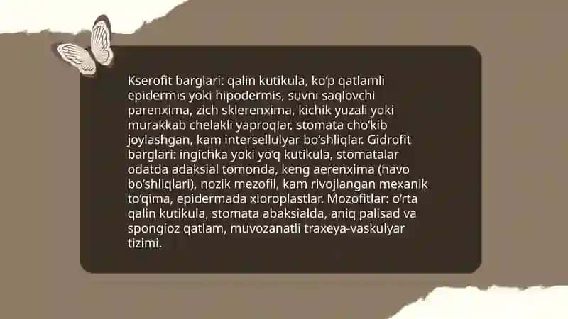 Turli yashash muhitidagi kserofit,gidrofit,mozofit barglarining tuzilishini solishtirish 3