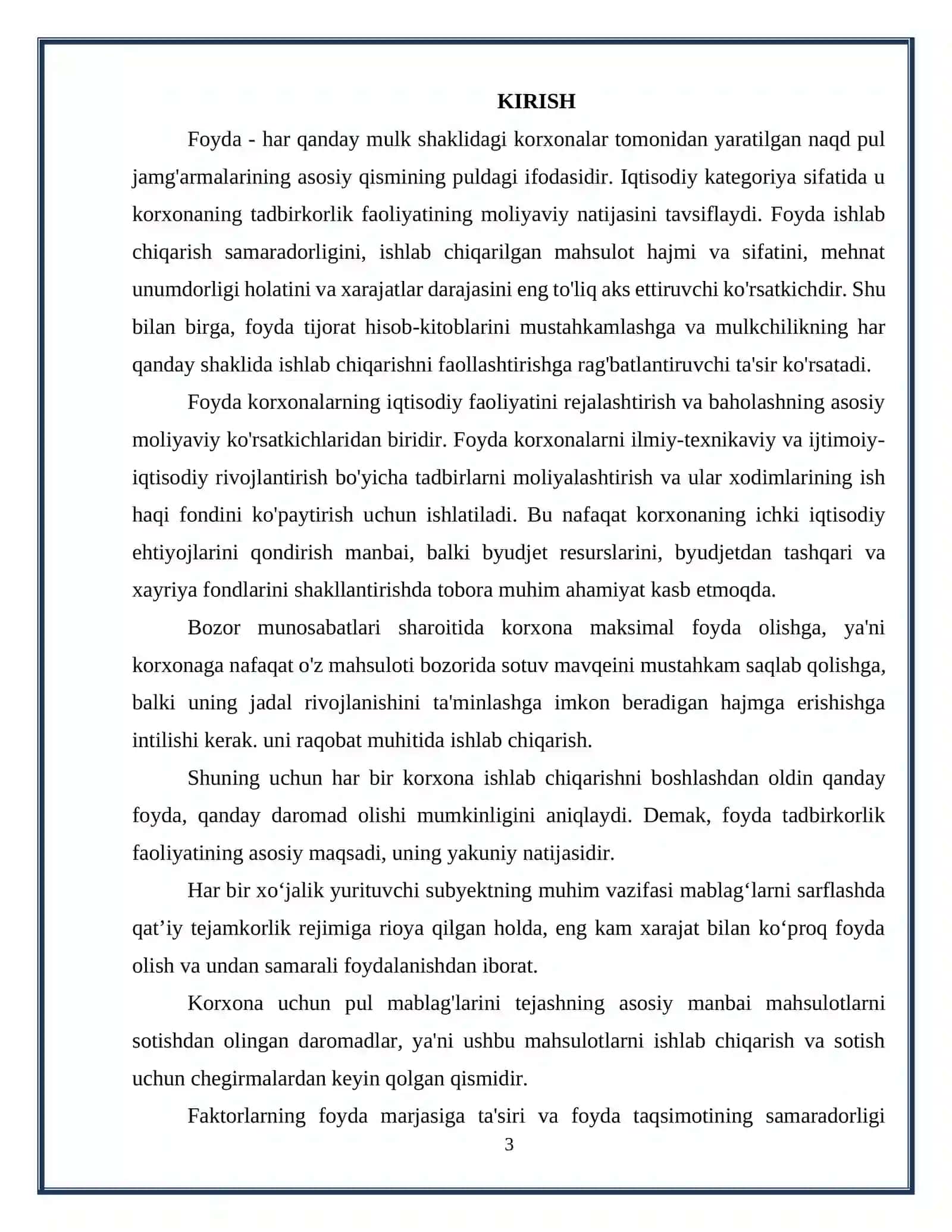 TOSHKENT AMALIY FANLAR UNIVERSITETI MOLIYA FAKULTETI KURS ISHI: KORXONA FOYDASINI SHAKLLANTIRISH VA UNDAN SAMARALI FOYDALANISH YO’LLARI 3
