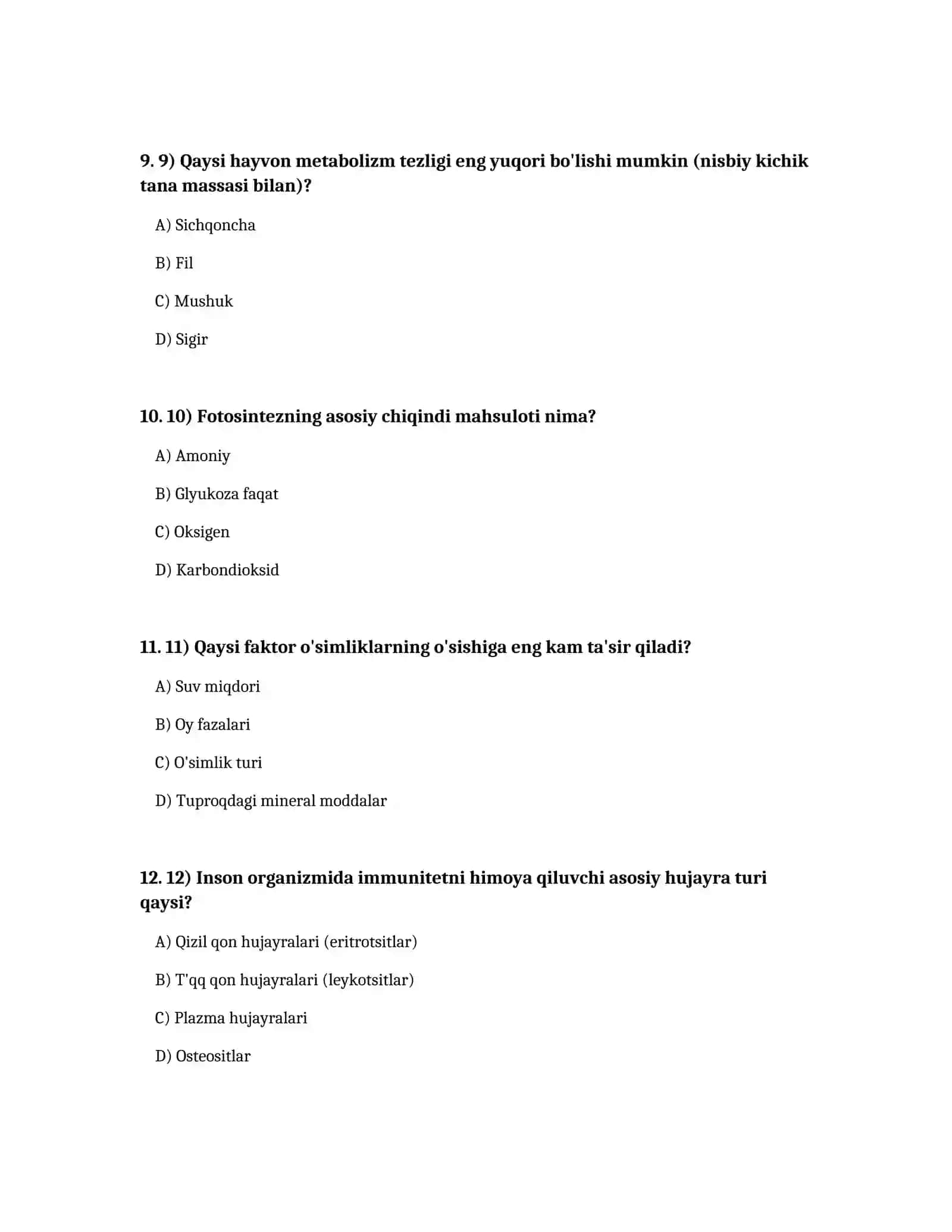 Biologiya sinfi Test savollari 3
