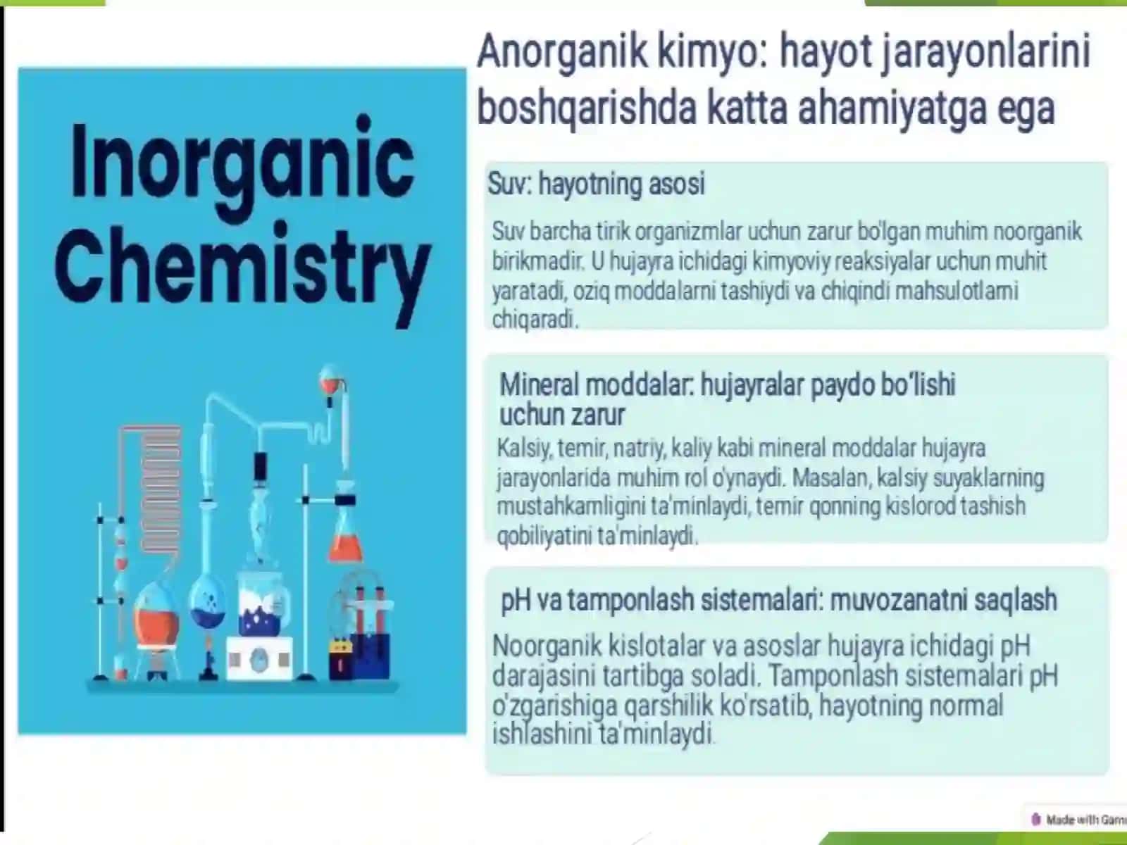 Noorganik kimyoning hayotiy jarayonlarni boshqarish va tartibga solishda tutgan o’rni. Bioorganik kimyo, Bioinjeneriya va biokatalizda noorganik kimyoning ahamiyati. 3