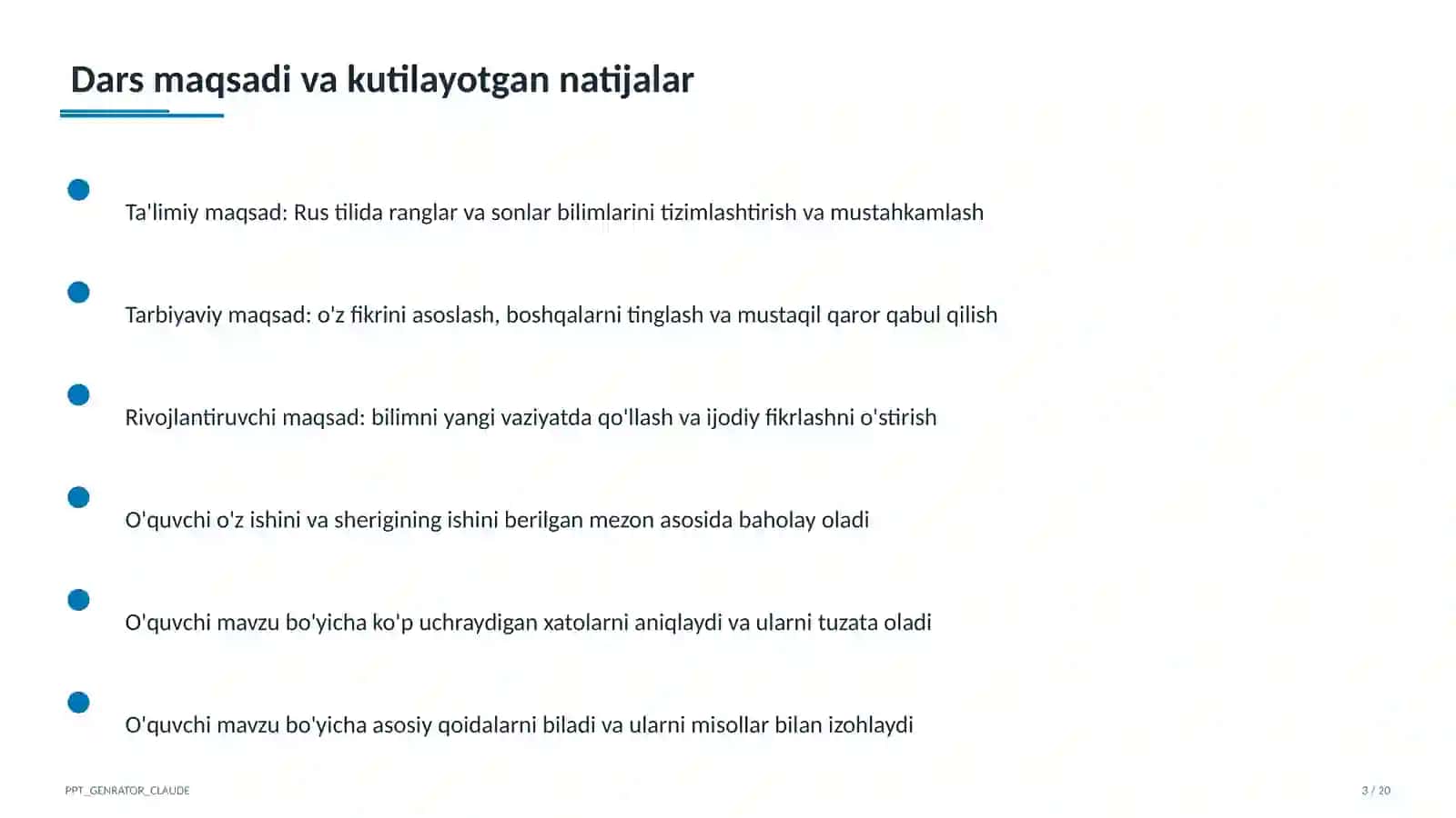 Rus tilida ranglar va sonlar (2-sinf) 3