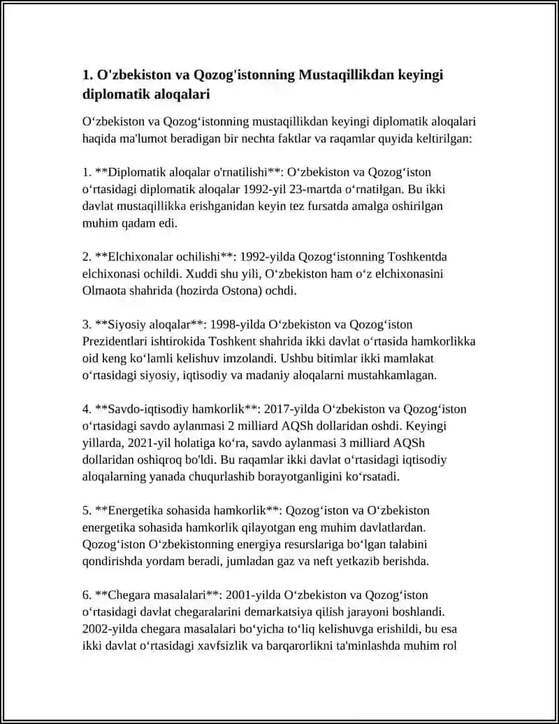 MUSTAQILLIK YILLARDA O'ZBEKISTON VA QOZOG'ISTON MUNOSABATLARI 3