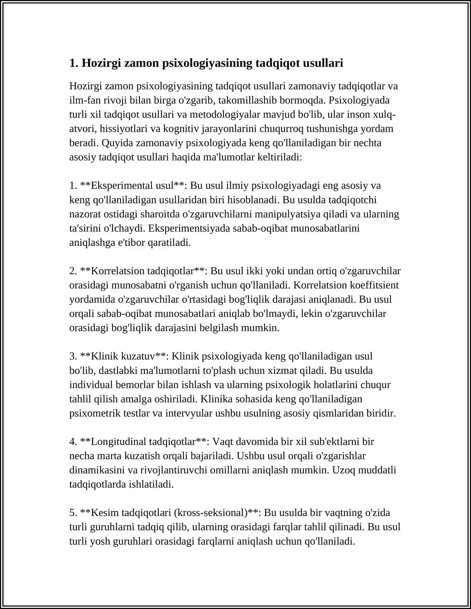 HOZIRGI ZAMON PSIXOLOGIYASINING TADQIQOT METODLARI. PSIXIKANING FILOGENETIK TARAQQIYYOTI 3