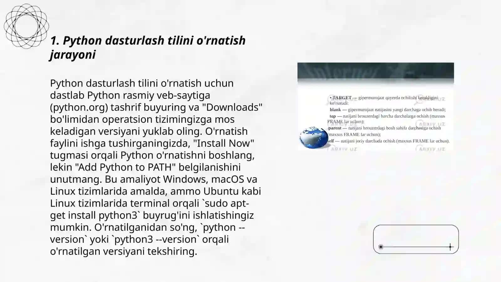 PYTHON dasturlash tilini o'rnatish va dasturlash tilining strukturasi 3