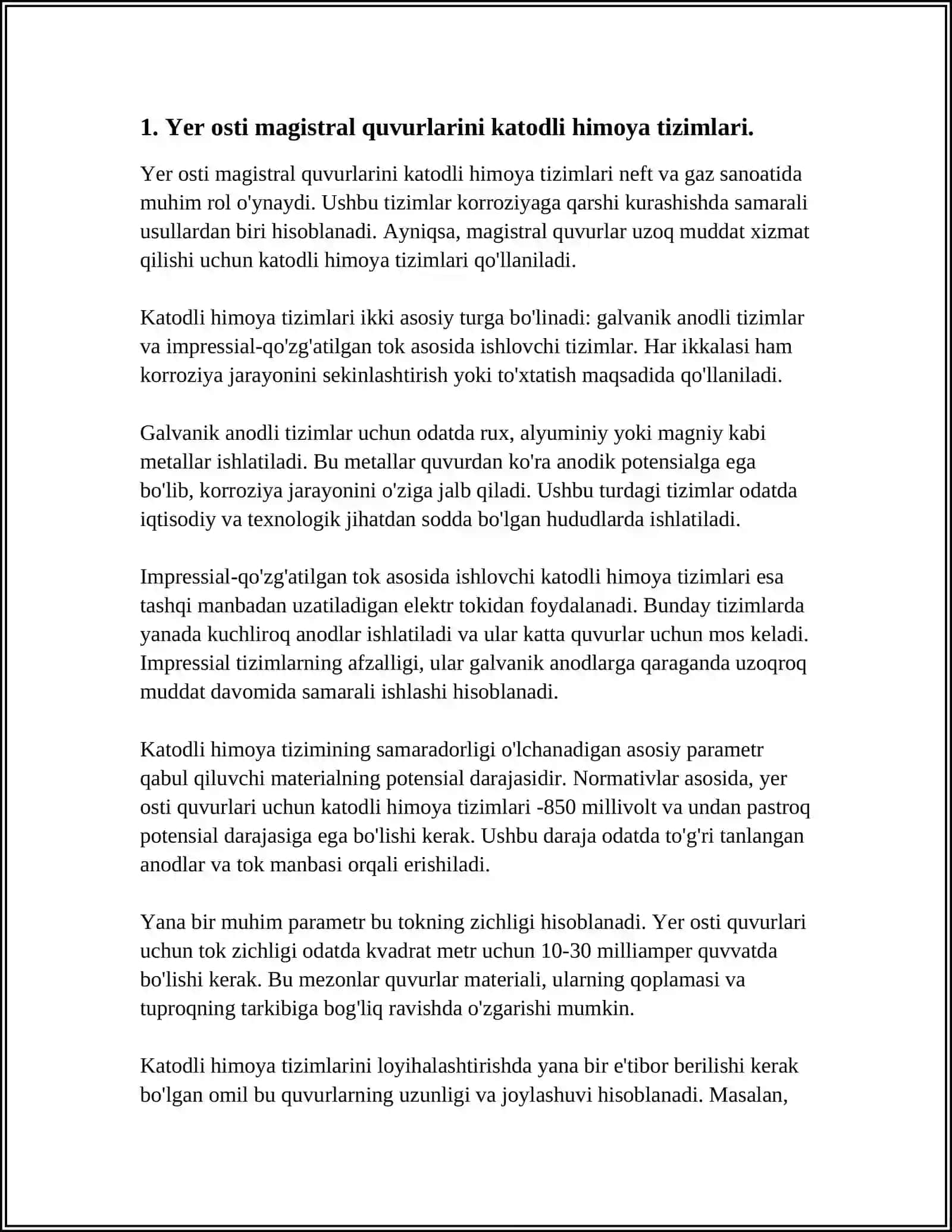 YER OSTI MAGISTRAL QUVURLARNI KATODLI HIMOYASINI LOYIHALASH 3