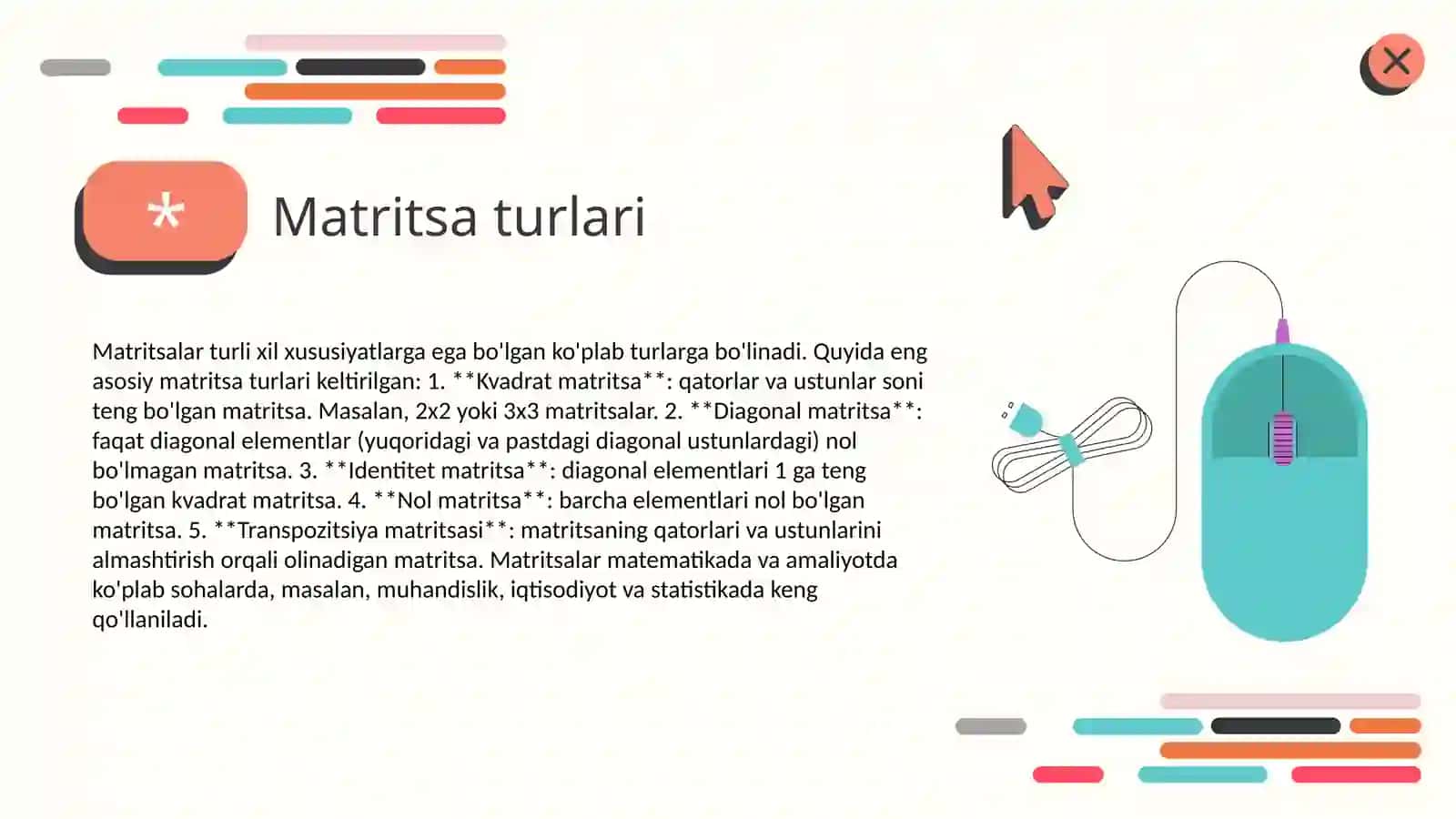 Matritsa va Determinant.Ularning xossalari va ularni hisoblash. 3
