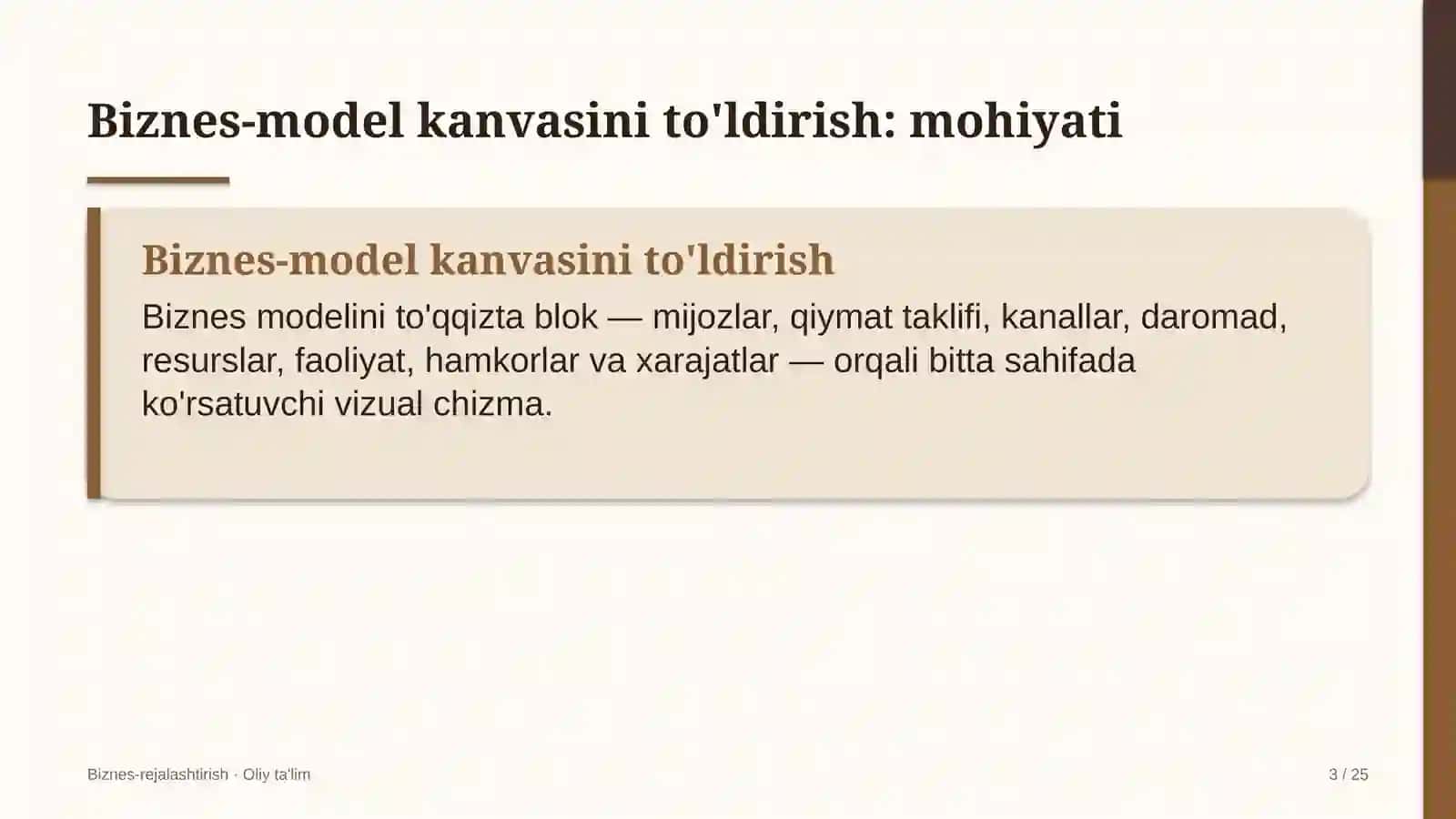 Avtomaktablarda biznes-model kanvasini to'ldirish 3