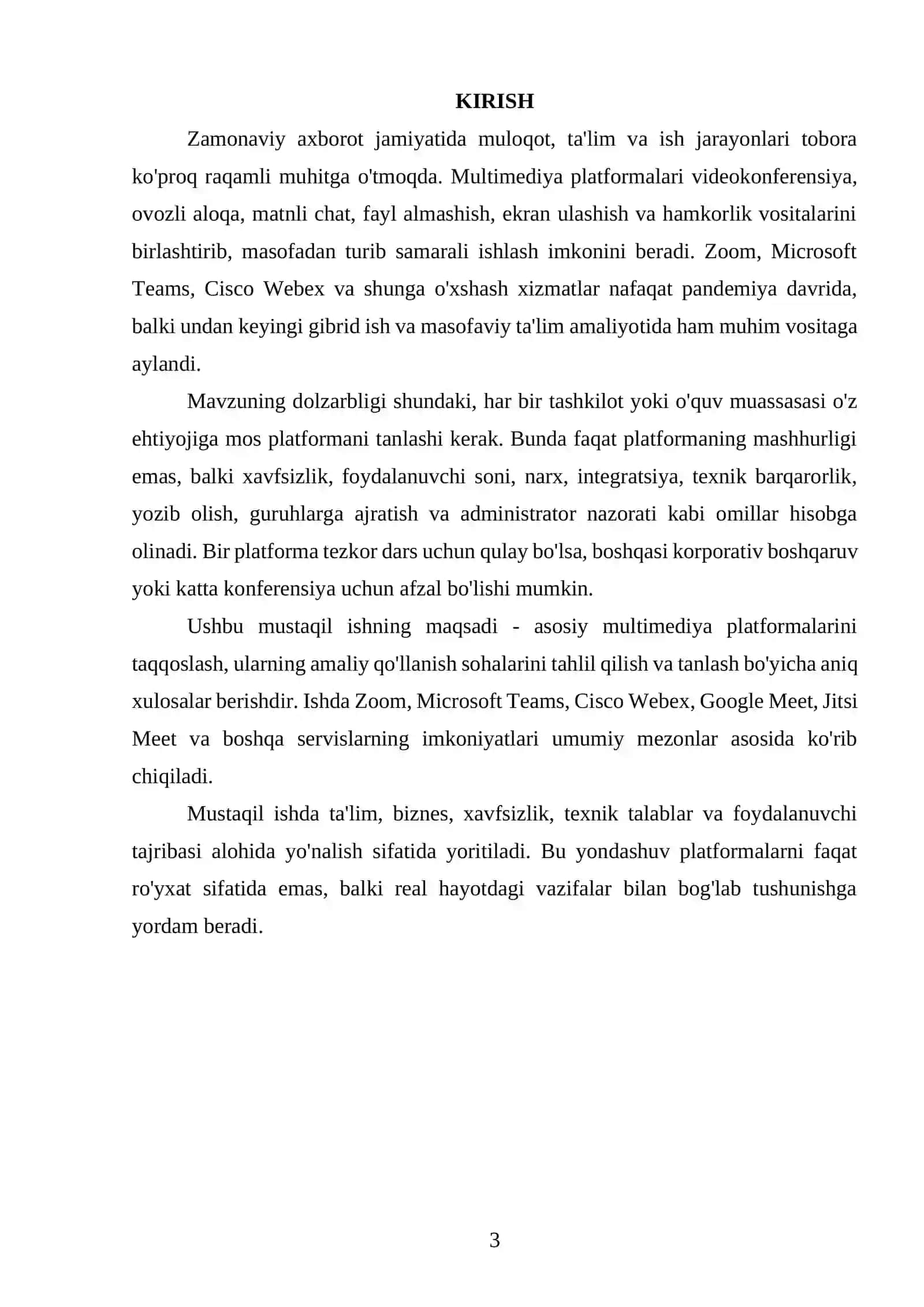 Multimediya platformalarini taqqoslash (Zoom, MS Teams, Webex va boshqalar) 3