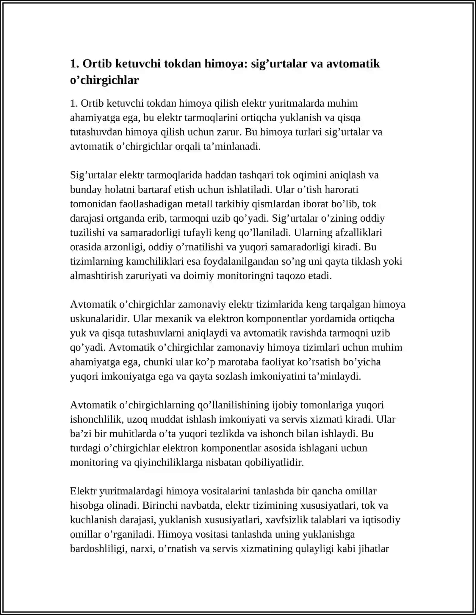 ELEKTR YURITMALARIDAGI HIMOYA VOSITALARI (TOK, KUCHLANISH, QIZIB KETISHDAN HIMOYA) 3