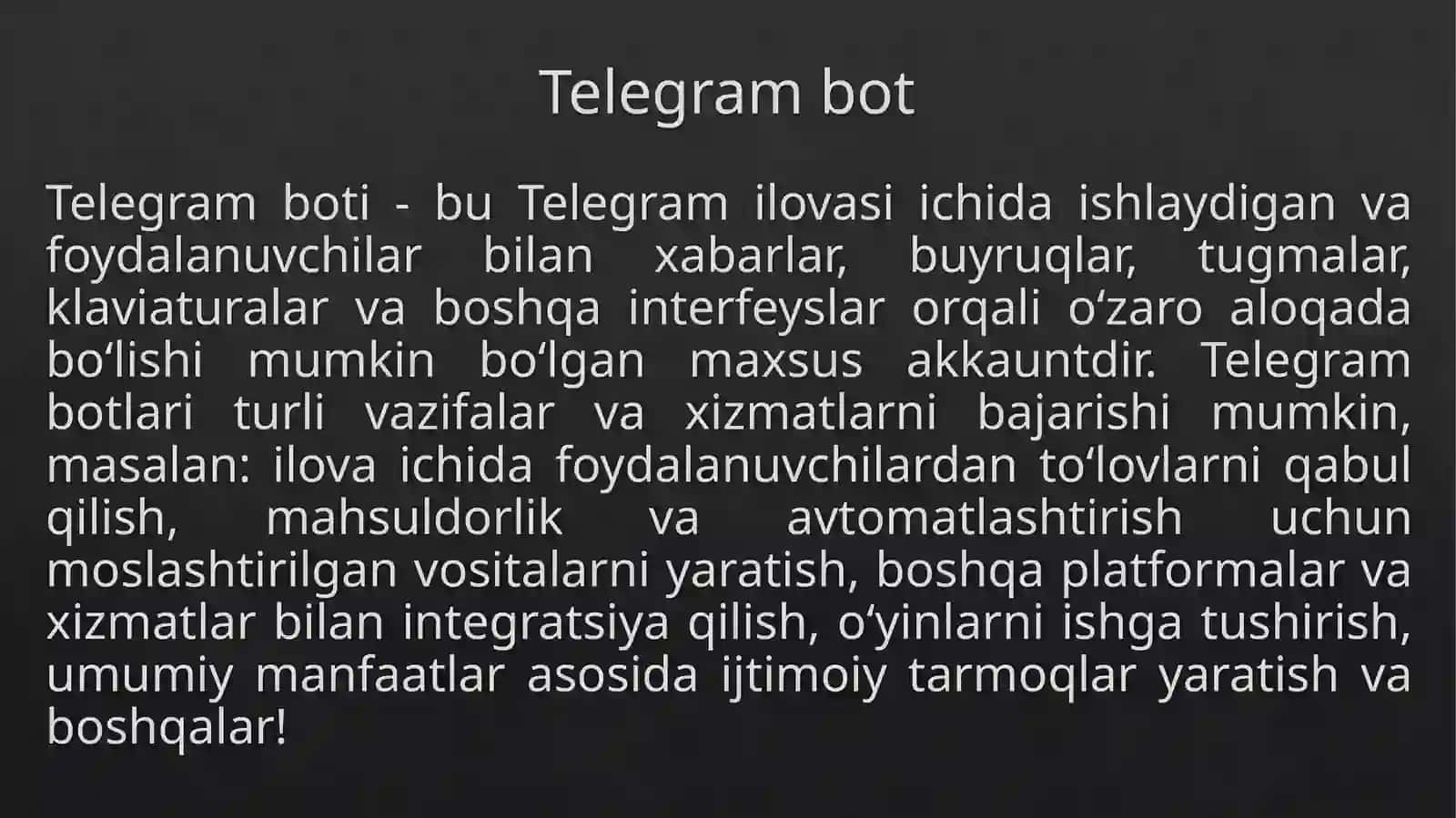 Python dasturida telegramm botni tuzish tartibi va modullari. Python dasturida Telegramm Bot yaratishda kerak bo‘ladigan metodlar 3