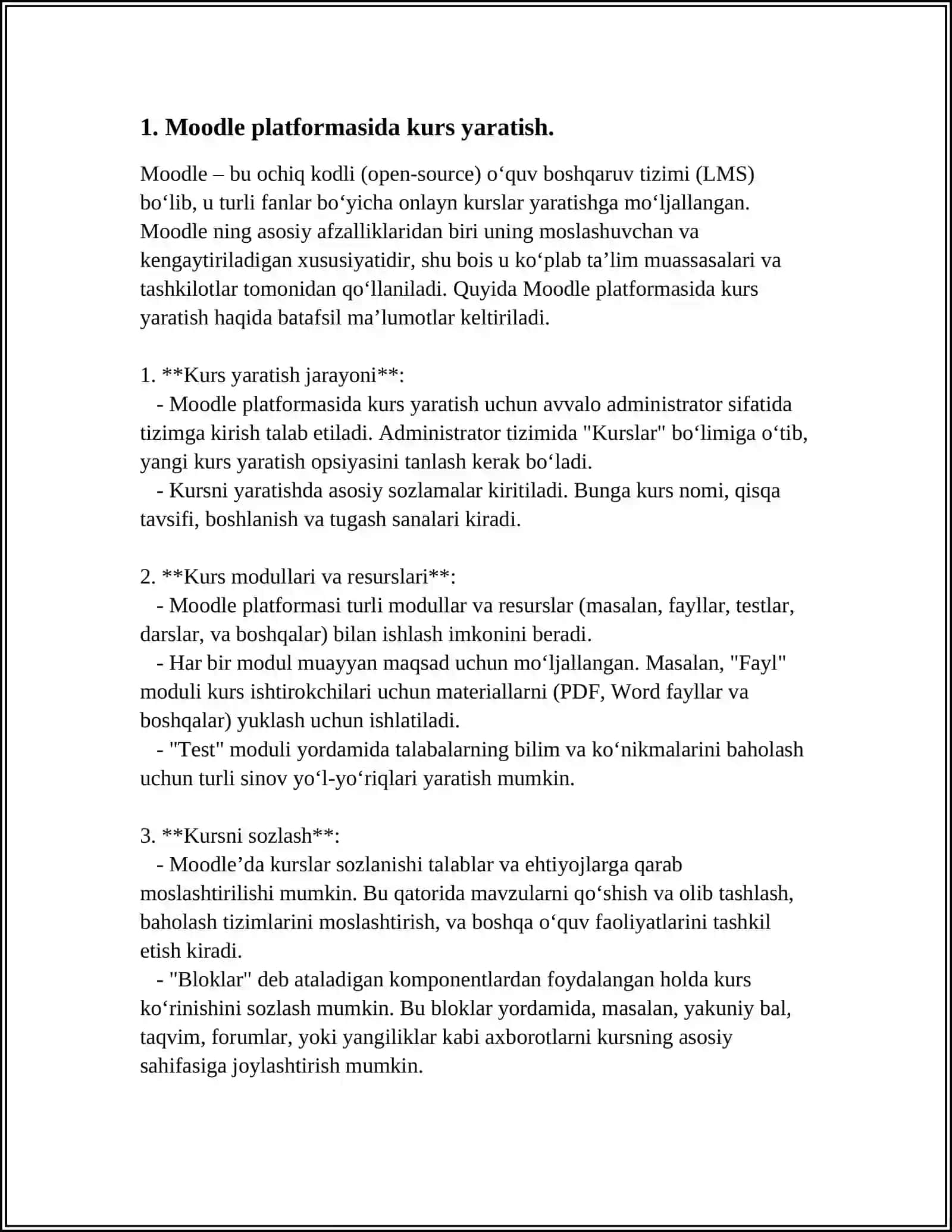 Moodle platformasida kurs yaratish 3