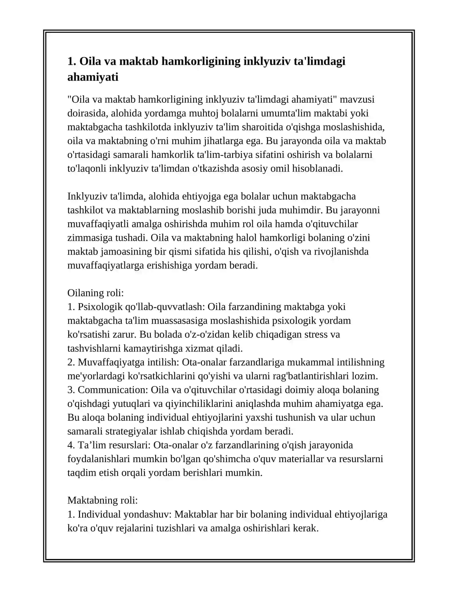 ALOHIDA YORDAMGA MUHTOJ BOLANI UMUMTA'LIM MAKTABI YOK MAKTABGACHA TASHKILOTDA INKLYUZIV TALLIM SHAROITIDA O'QISHGA MOSLASHISHIDA OILA VA MAKTABNING O'RNI 3