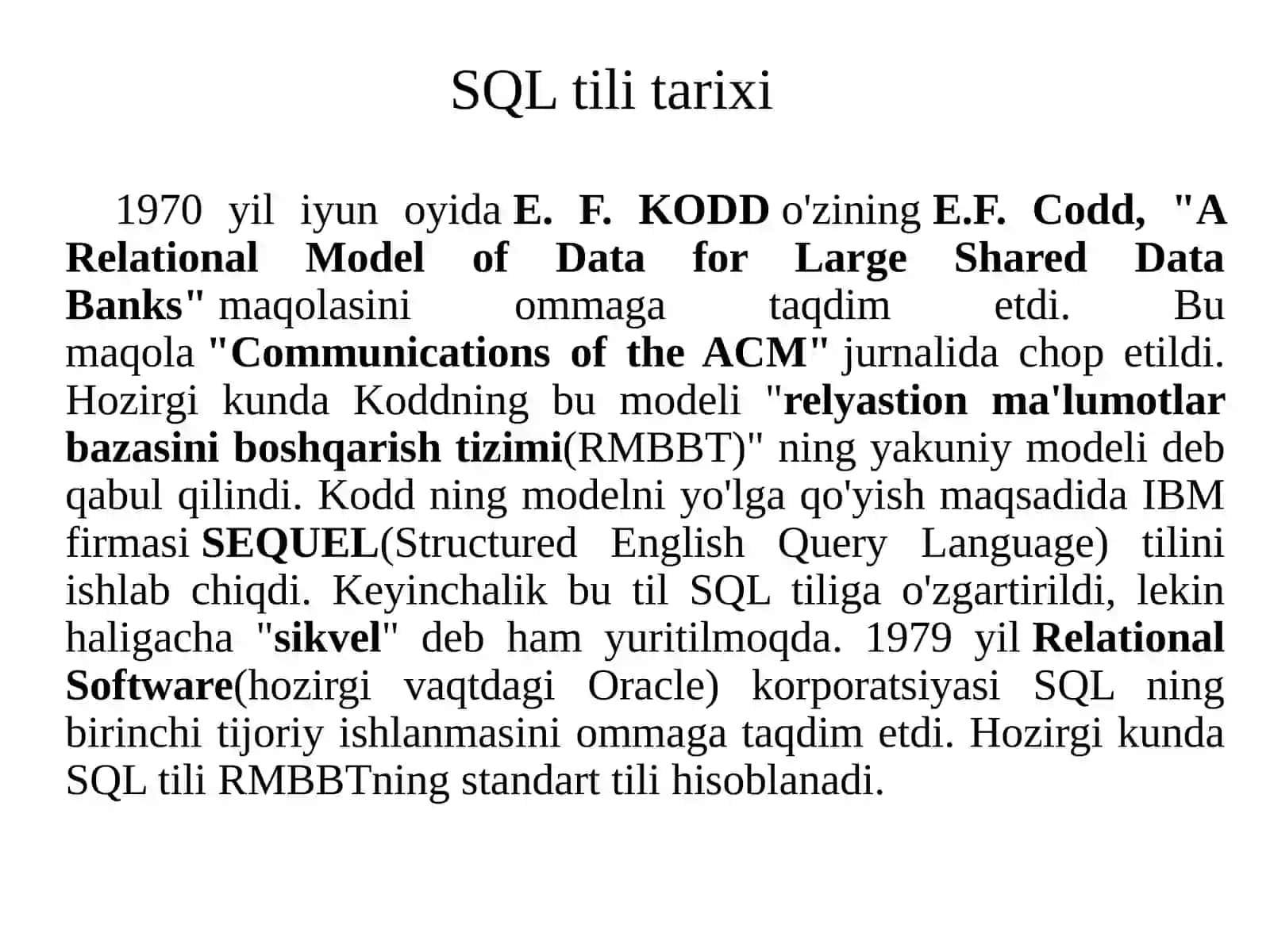 SQL tili. SQL operatorlarini yozish, SQL tilida standart funksiyalar. 3