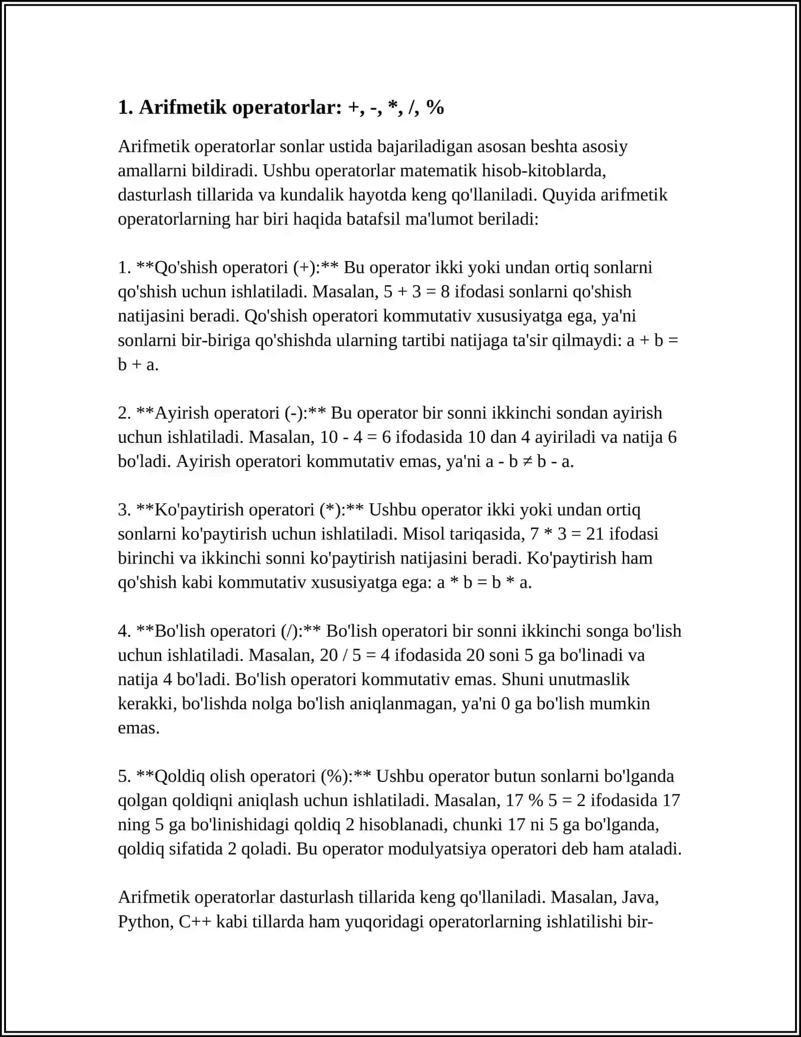 DASTURLASHDA ARIFMETIKA OPERATORLAR. MATH KITOBXONASI 3