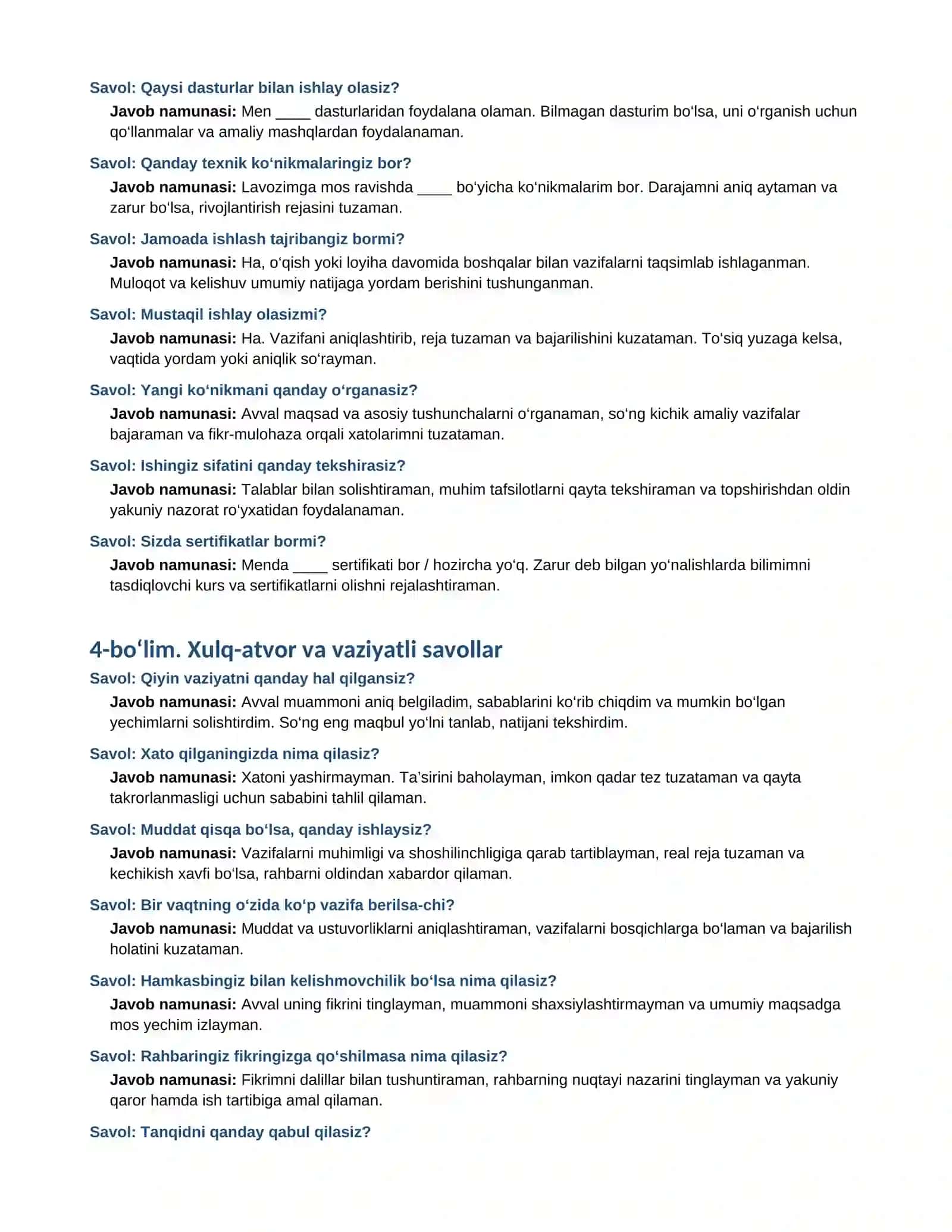 ISH SUHBATIGA TAYYORGARLIK 150 ta muhim savol va namunaviy javob 3
