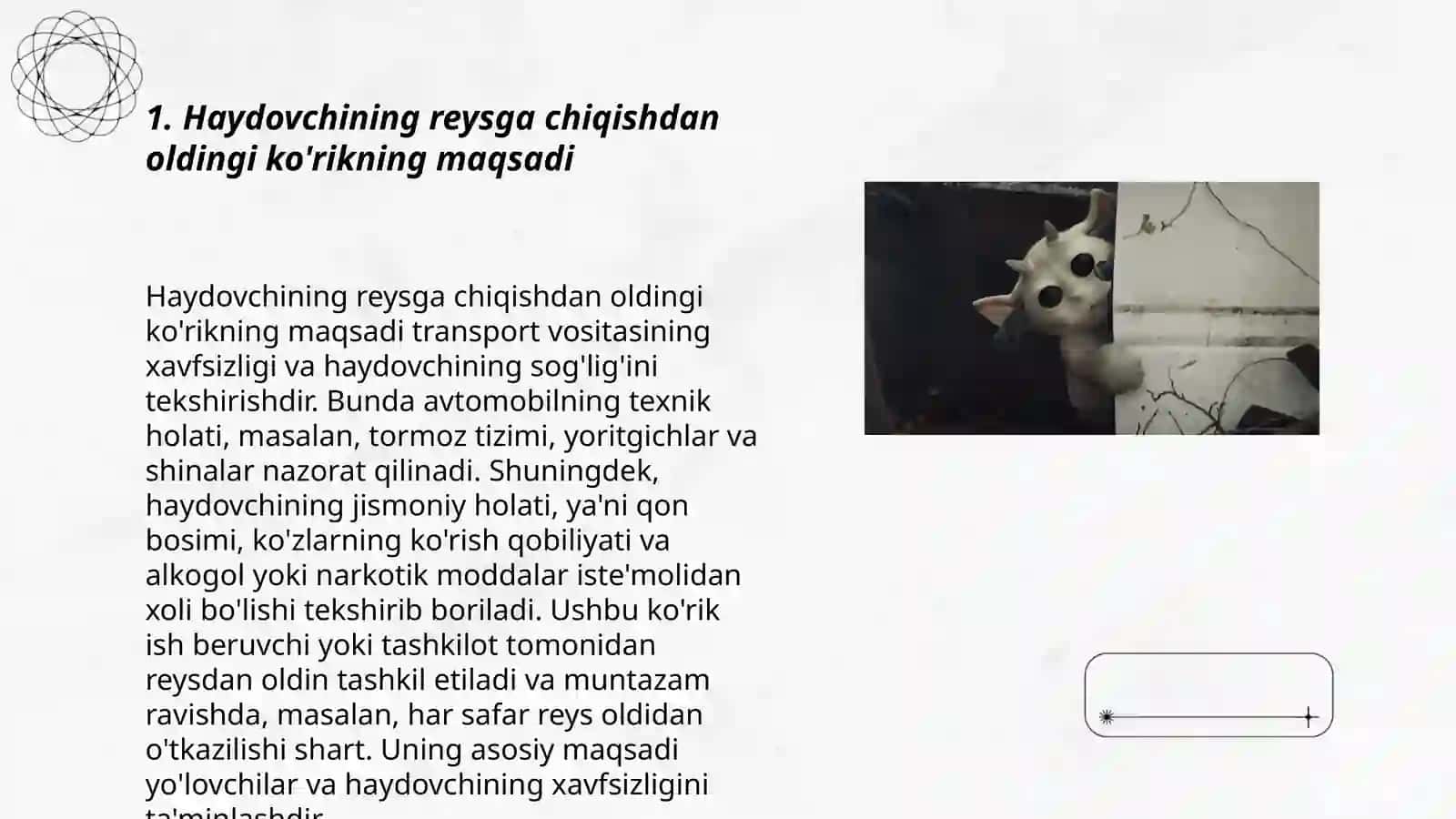 Haydovchining reys(ishga chiqishidan oldingi ko'rikdan o'tkazishning ahamiyatini o'rganish 3