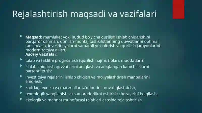 Qurilish ishlab chiqarishini va qurilish-montaj tashkilotlarining quvvatlarini rivojlantirishni rejalashtirish 3