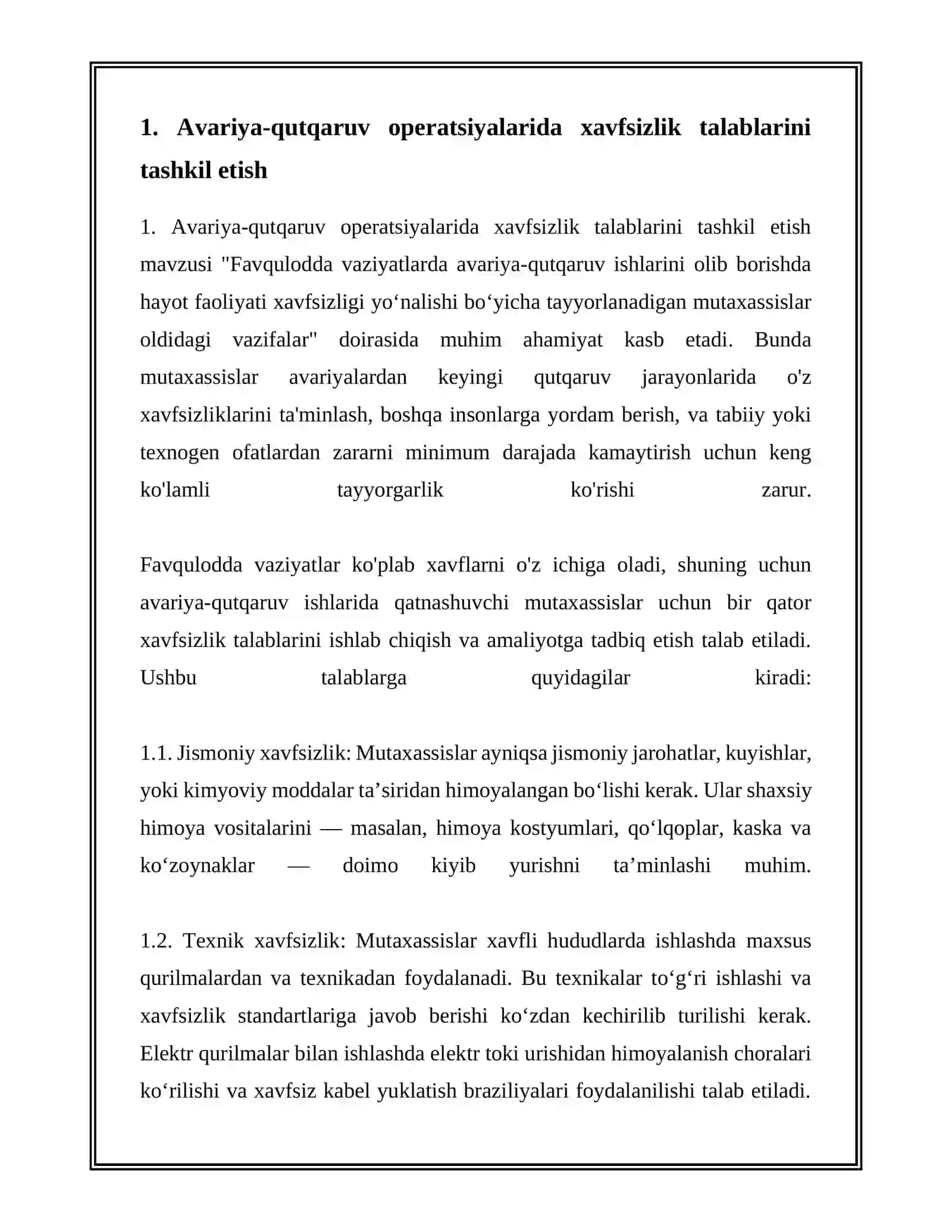 FAVQULODDA VAZIYATLARDA AVARIYA QUTQARUV ISHLARINI OLIB BORISHDA HAYOT FAOLIYATI XAVFSIZLIGI YO‘NALISHI BO‘YICHA TAYYORLANADIGAN MUTAXASSISLAR OLDIDAGI VAZIFALAR 3