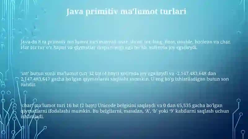 Java tilining asosiy turlari va operatorlar haqida 3