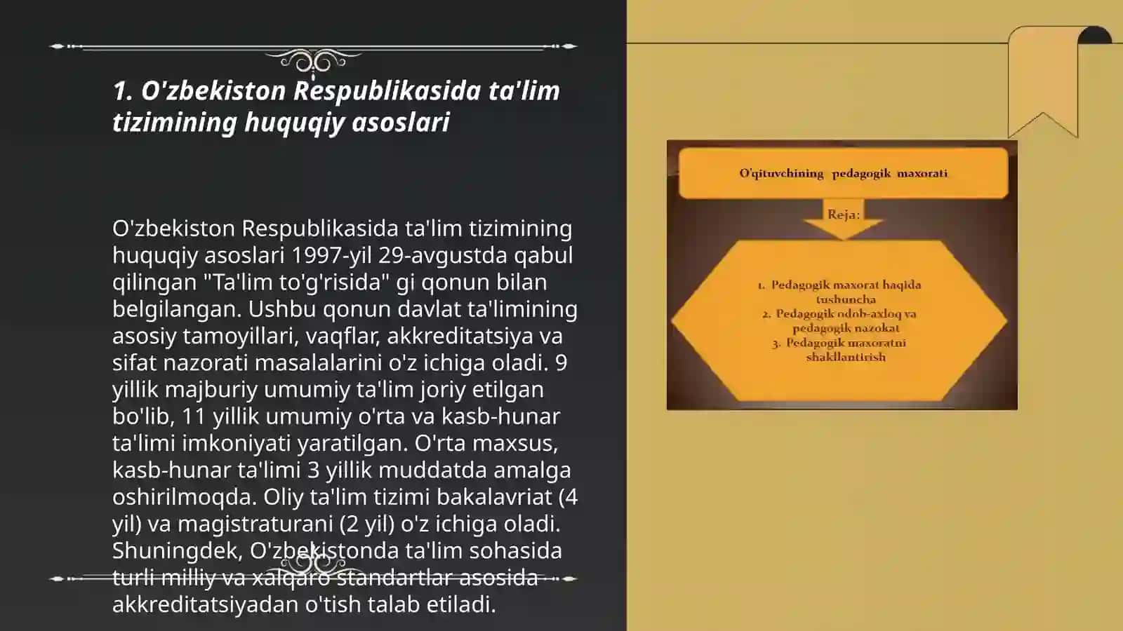 Oʻzbekiston Respublikasi Ta'lim Tizimi.Pedagogning maqomi va kasbiy faoliyatini amalga oshirishini taminlash.Pedagog menejment nazaryasi va amaliyoti 3